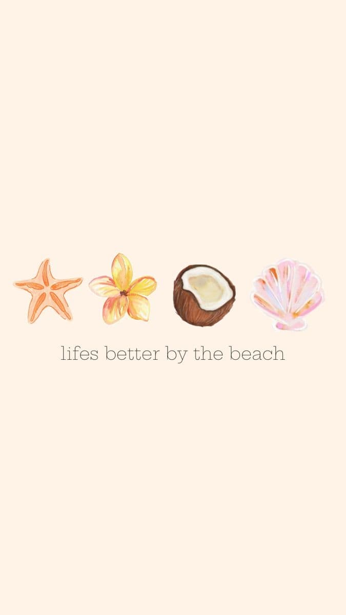 The image features a horizontal arrangement of four illustrated beach-themed objects: a starfish, a frangipani flower, a halved coconut, and a pink seashell, all rendered in a soft watercolor style against a pale cream background. Below the objects, the phrase 'lifes better by the beach' is written in a simple, elegant serif font. The composition is minimalist and centered, evoking a tranquil, nostalgic coastal atmosphere. The artistic technique uses gentle gradients and blended brushstrokes, giving the objects a delicate, hand-painted quality. The overall mood is serene and uplifting, suggesting relaxation and the simple pleasures of seaside life.