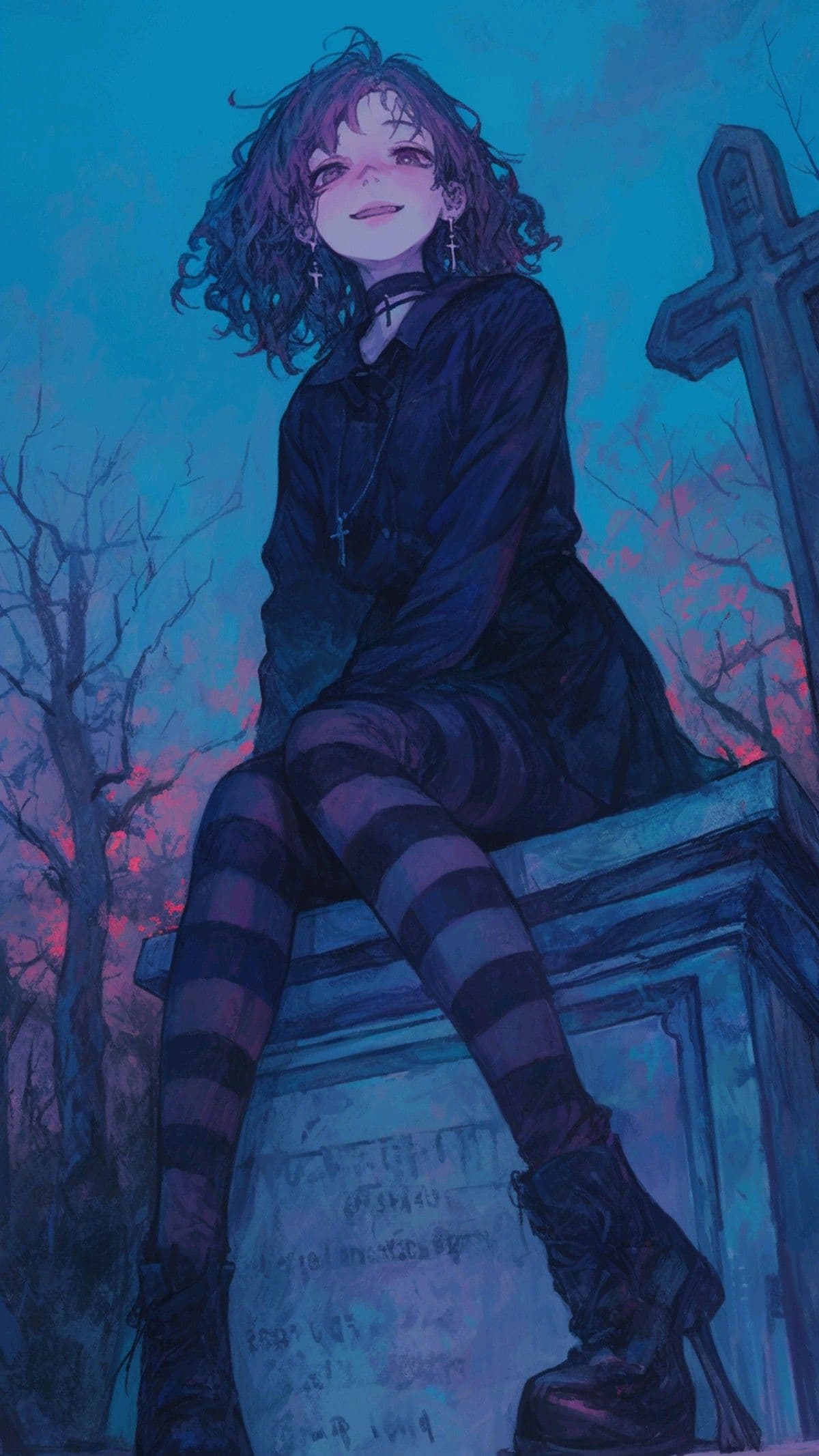 A young female character with curly, dark brown hair sits atop a weathered tombstone in a cemetery, wearing a long black coat with a high collar and a choker, paired with black-and-purple striped tights and tall black boots. Her expression is serene and slightly smiling, with eyes closed in a peaceful or contemplative manner. The background features bare, gnarled trees and a cross-shaped gravestone, set against a twilight sky with deep blue and purple hues accented by soft red-orange glow at the horizon. The artwork employs cel-shaded rendering with clean, sharp linework and smooth gradients, creating a moody yet tranquil atmosphere. The overall tone is melancholic yet calm, evoking themes of solitude, memory, or quiet reflection in a gothic setting.