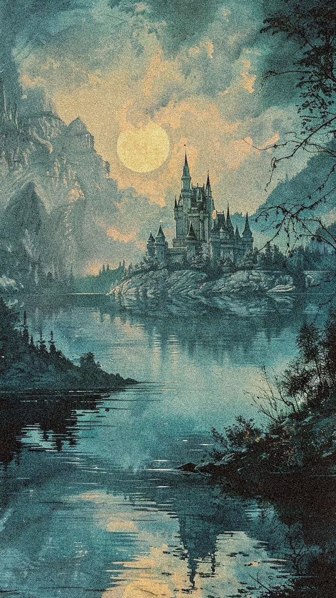 The image depicts a majestic, gothic-style castle perched atop a rocky outcrop, surrounded by a serene lake that mirrors its silhouette and the luminous, full moon above. The castle features multiple spires, turrets, and arched windows, rendered with intricate architectural detail against a backdrop of misty, towering mountains. The scene is bathed in soft, cool-toned twilight lighting, with the moon casting a gentle glow across the water and sky, creating a tranquil and mystical atmosphere. The foreground includes dark, silhouetted trees and ripples on the lake surface, enhancing the sense of depth and peaceful isolation. The overall composition evokes a sense of timeless wonder and quiet grandeur, fitting for a fantasy or historical setting.