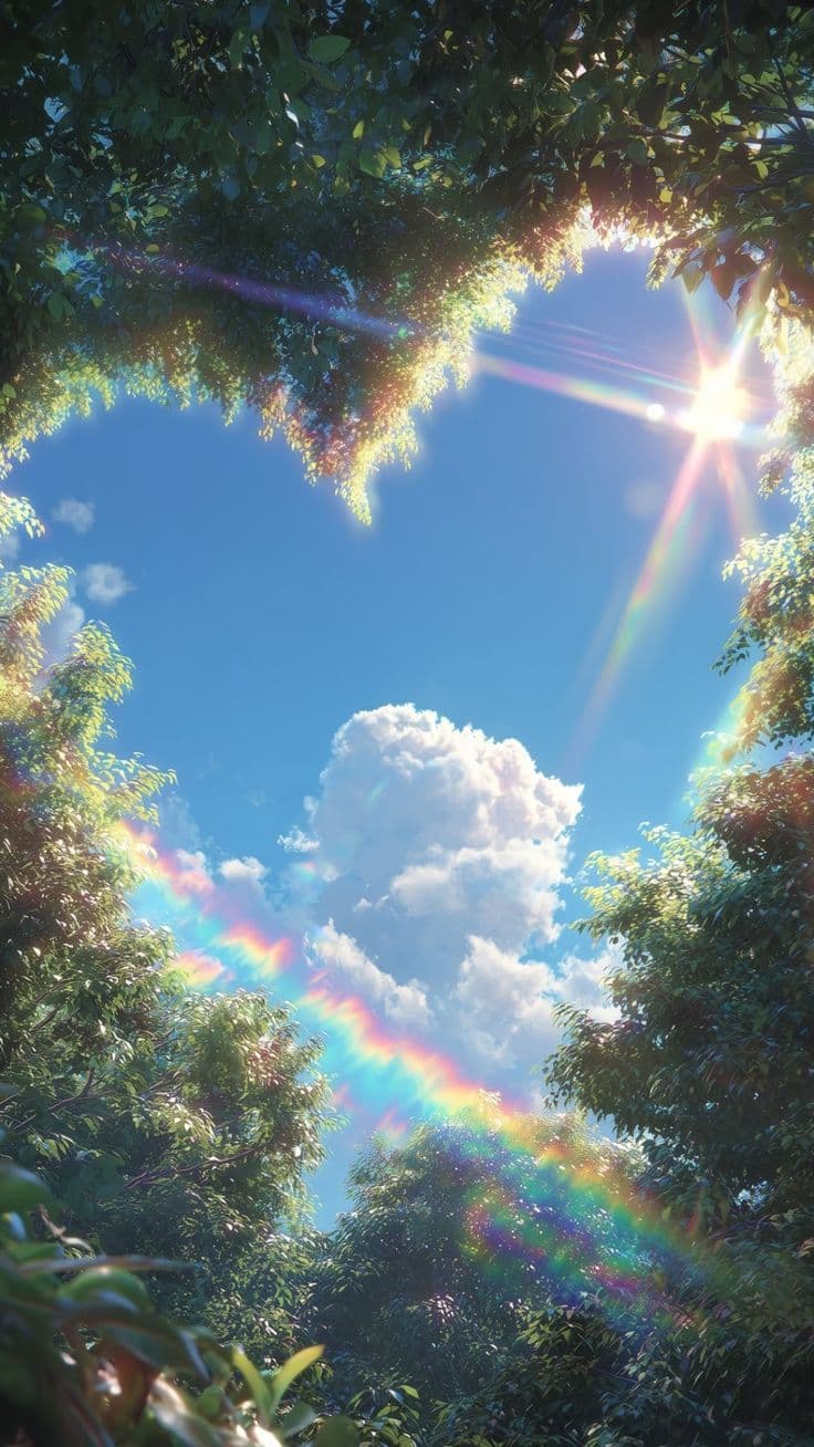 The image captures a serene, upward-looking perspective through a natural canopy of lush green leaves, framing a vibrant blue sky. A radiant sun shines brightly in the upper right corner, casting prominent lens flares and illuminating the scene with natural daylight. A vivid rainbow arcs gracefully across the sky, positioned beneath a single, fluffy white cloud, adding a magical and tranquil element. The composition emphasizes the harmony between nature and light, with the foliage creating a soft, organic border around the celestial display. The overall atmosphere is peaceful and uplifting, evoking a sense of wonder and calm through its balanced color palette and gentle lighting.