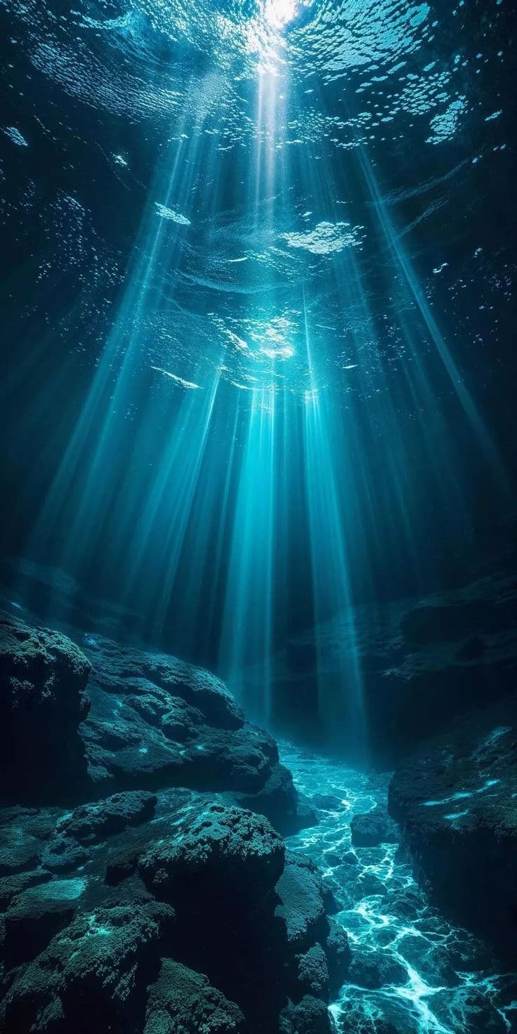 This image captures an underwater scene where beams of sunlight penetrate the ocean surface, creating dramatic, radiant shafts of blue light that illuminate a rocky seabed. The water is clear, revealing textured, dark stone formations that contrast with the bright, shimmering rays. The composition emphasizes depth and tranquility, with the light rays converging toward the surface, suggesting a serene, almost sacred natural environment. The artistic rendering uses realistic water physics and lighting to evoke a sense of calm and wonder, with no human or animate subjects present. The overall mood is peaceful and meditative, inviting contemplation of nature’s quiet beauty.