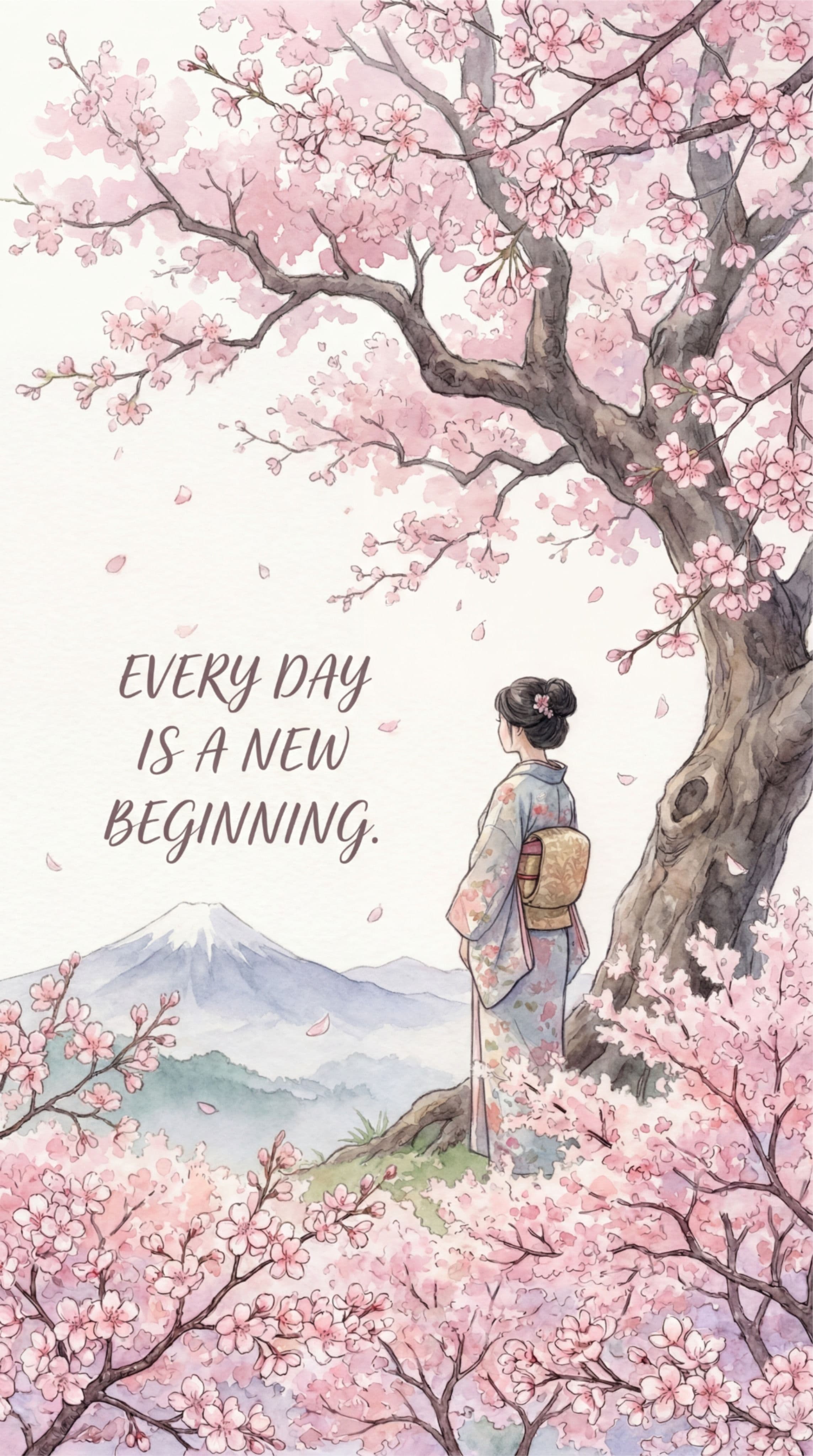 The image depicts a solitary female figure in traditional Japanese kimono attire, standing beneath a blossoming cherry blossom tree with her back to the viewer. Her hair is neatly styled in an updo, and she carries a small woven satchel over her shoulder. The scene is set against a serene backdrop featuring Mount Fuji in the distance, with soft, falling petals enhancing the tranquil atmosphere. The artwork employs a delicate watercolor technique, with gentle gradients and soft brushstrokes that evoke a sense of peace and renewal. The overall mood is contemplative and hopeful, reinforced by the inspirational text 'EVERY DAY IS A NEW BEGINNING.' that appears in a simple, elegant script. The composition balances the figure with the expansive natural setting, creating a harmonious and emotionally resonant visual.