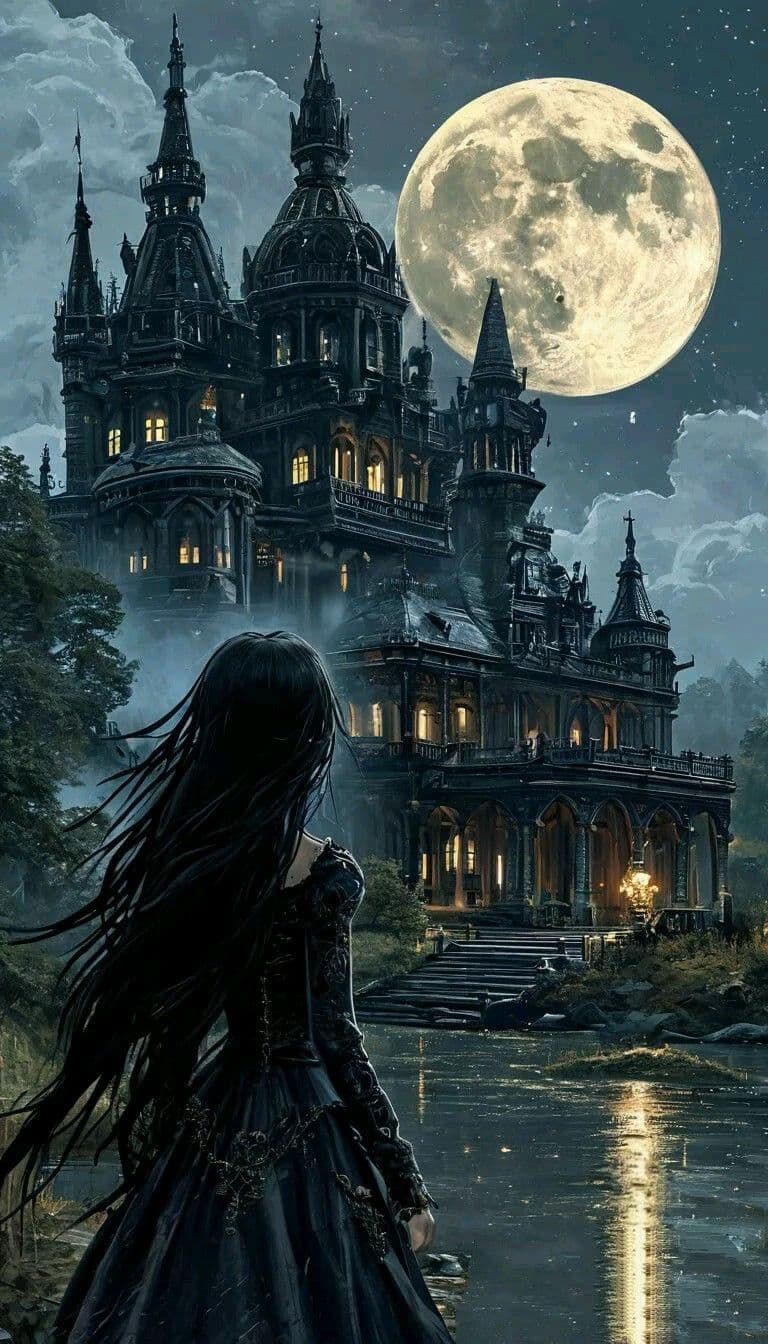 A solitary female figure with long, flowing black hair stands in the foreground, viewed from behind, wearing a dark, elaborately detailed gown with lace and corseted elements that fully cover her body. She gazes toward a grand, gothic-style castle illuminated by warm interior lights, set against a dramatic night sky with a large, luminous full moon. The castle features multiple spires, arched windows, and a grand staircase leading to its entrance, reflected in a still body of water in the foreground. The artwork employs meticulous digital rendering with cel-shaded shading, creating a moody, atmospheric tone enhanced by the contrast between the dark architecture and the glowing moon. The overall mood is mysterious and contemplative, evoking a sense of solitude and wonder in a fantasy setting.