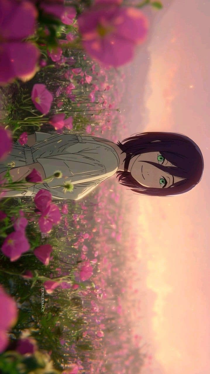 The image features a young woman with short, dark purple hair and striking green eyes, dressed in a modest, light-colored short-sleeved blouse. She is positioned in a side profile, looking back toward the viewer with a gentle, serene smile. The setting is a vast, dreamlike field of vibrant pink flowers that stretch toward a soft, glowing horizon. The artistic technique utilizes a shallow depth of field, with blurred flowers in the extreme foreground creating a sense of immersion and intimacy. The lighting is characteristic of the golden hour, casting a warm, ethereal glow across the scene and highlighting the character's features with soft gradients. The overall atmosphere is one of profound peace, nostalgia, and quiet beauty.