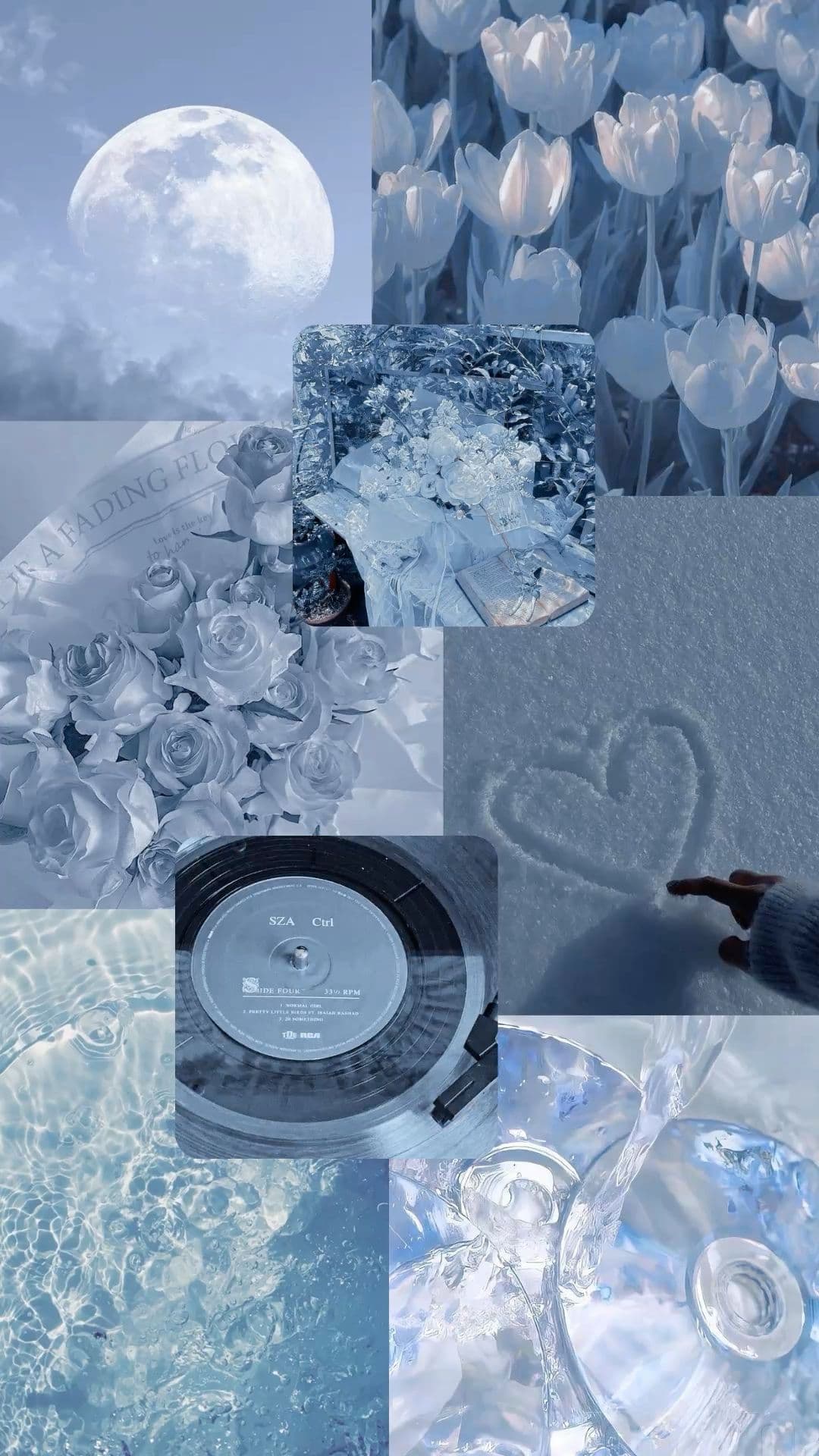 This image is a meticulously composed digital collage featuring a unified blue-toned aesthetic, combining serene natural elements with modern objects. Prominent visual components include a large moon against a cloudy sky, delicate white tulips frozen in ice, and a hand gently drawing a heart in snow. A vinyl record and reflective CD surfaces add a tactile, nostalgic dimension, while water ripples and crystalline ice formations enhance the cool, tranquil atmosphere. The overall composition is a harmonious blend of organic and man-made elements, rendered with soft focus and subtle gradients to evoke calmness and introspection. The image conveys a peaceful, dreamlike mood through its monochromatic blue palette and gentle, non-dramatic lighting.