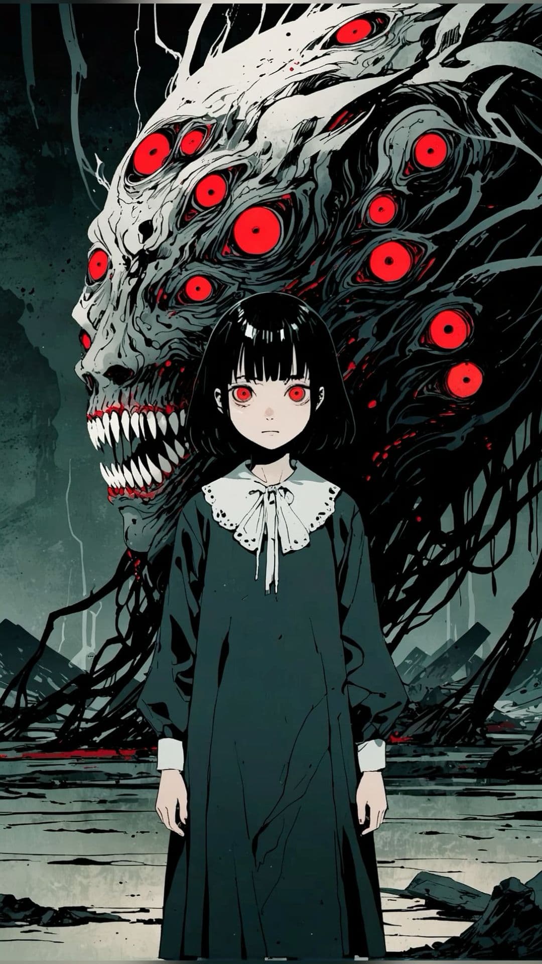 The image features a young girl with short black hair and red eyes, standing in the foreground wearing a long, dark green dress with a white lace collar and cuffs, presenting a modest and fully covered appearance. Behind her looms a massive, grotesque, multi-eyed monster with a skeletal face and sharp teeth, rendered in dark, textured tones with red circular eyes that dominate the background. The setting appears to be a desolate, ruined landscape with broken structures and murky water, suggesting a post-apocalyptic or horror-themed environment. The artwork employs a highly detailed, painterly digital style with strong contrast and cel-shaded shading, emphasizing the eerie and unsettling mood. The overall atmosphere is ominous and suspenseful, with the girl's calm, unblinking gaze contrasting with the monstrous backdrop, creating a powerful psychological tension.