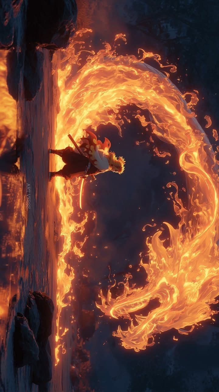 A lone warrior with spiky blonde hair and a red-and-white patterned cloak stands poised on a cliffside, wielding a sword as a massive, swirling ring of orange and yellow flames erupts around them. The character's posture suggests dynamic action, possibly mid-combat or spellcasting, with the flames forming a dramatic, circular vortex that dominates the composition. The setting is a dark, rocky cliff face against a deep, shadowy sky, emphasizing the contrast between the fiery energy and the cool, muted environment. The artwork employs cel-shaded rendering with sharp linework and vibrant gradients, capturing the intensity of the flames while maintaining clean, defined character outlines. The overall atmosphere is epic and powerful, evoking a sense of awe and determination through the interplay of controlled motion and explosive energy.