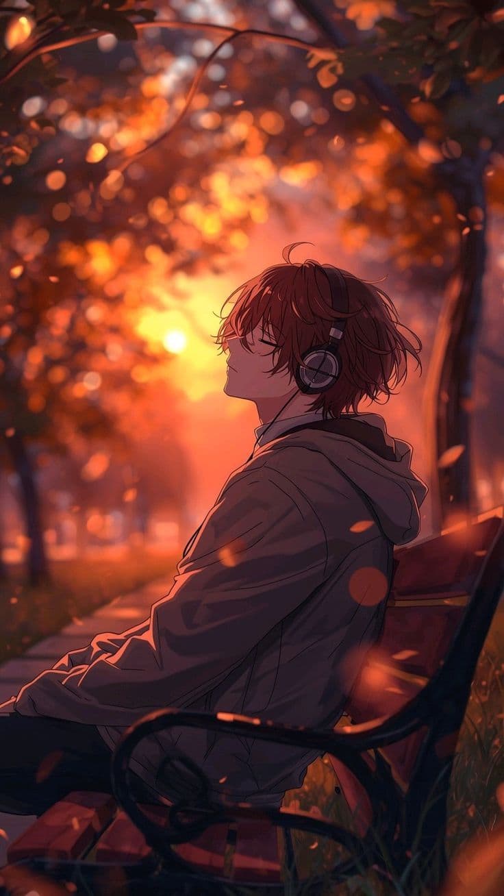 The image features a young man with messy auburn hair sitting on a park bench, wearing a modest oversized grey hoodie and over-ear headphones. He is depicted in a relaxed, contemplative pose with his eyes closed and head slightly tilted back, suggesting he is immersed in music. The setting is a lush park during autumn, with vibrant orange and yellow leaves falling around him under the glow of a setting sun. The artistic technique utilizes a shallow depth of field, creating a beautiful bokeh effect with the sunlight filtering through the trees. The overall atmosphere is deeply peaceful, nostalgic, and serene, capturing a quiet moment of solitude in nature. The warm lighting and soft color palette enhance the emotional tone of tranquility and comfort.