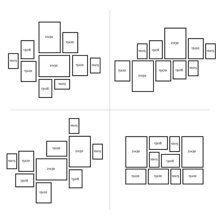 This image displays four distinct layouts of framed picture arrangements, each composed of multiple rectangular frames of varying dimensions. The frames are outlined in black against a plain white background, with precise measurements (e.g., 10x15, 13x18, 15x20, 21x30) labeled on each. The compositions are symmetrical and geometrically balanced, suggesting design templates for wall art installations. No characters, clothing, or suggestive elements are present, making it purely a structural diagram. The clean, minimalist presentation emphasizes spatial relationships and aesthetic grouping, suitable for interior design or art display planning. The uniform line weight and lack of artistic embellishment indicate a functional, non-illustrative purpose.