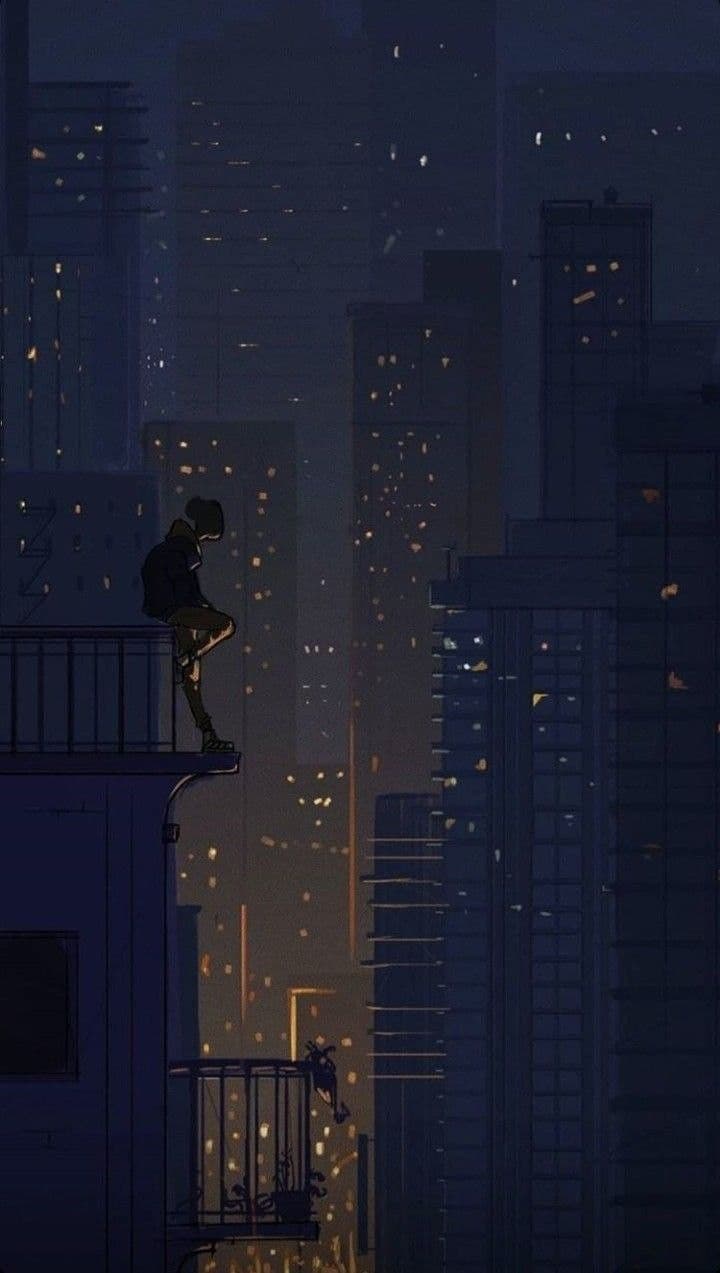 A solitary figure sits contemplatively on a rooftop ledge, silhouetted against a vast, atmospheric cityscape at dusk. The character is dressed in a dark, full-length coat and pants, with their posture suggesting introspection or quiet observation. Below, a second figure is seen hanging from a balcony railing, adding a subtle narrative layer of isolation or connection. The scene is rendered in a moody, painterly style with deep blues and warm amber glows from distant windows, creating a strong contrast. The composition emphasizes verticality and scale, with towering buildings receding into atmospheric haze, evoking a sense of urban solitude and quiet melancholy.