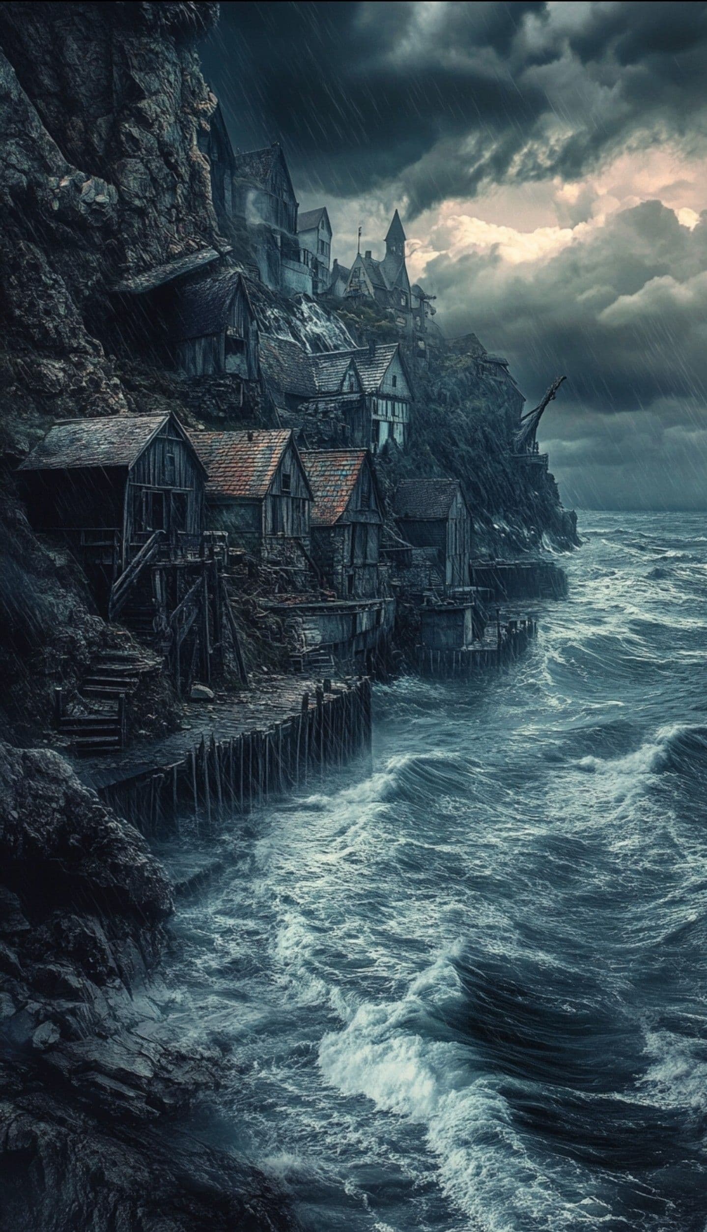 The image depicts a dramatic coastal village perched precariously on a steep, rocky cliffside, with weathered wooden houses and stone structures clinging to the edge. Below, turbulent, foamy ocean waves crash against the cliff face, suggesting a stormy, perilous environment. The sky is filled with heavy, dark clouds, with a faint break of light near the horizon, creating a moody, atmospheric tension. The art style employs realistic textures and dynamic lighting to convey depth and weather effects, with a focus on the interplay between the rugged architecture and the chaotic sea. The overall tone is somber and cinematic, evoking a sense of isolation and natural power, with a quiet, almost melancholic emotional intensity.