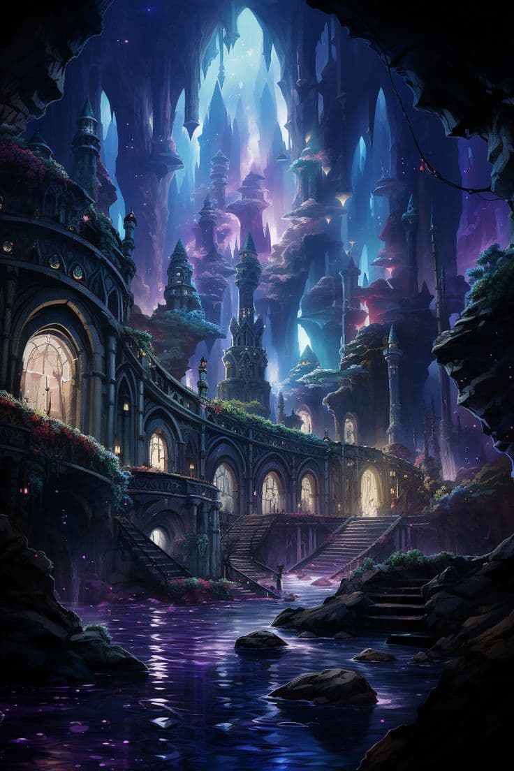 This image depicts a grand, mystical cavernous cityscape with towering, cathedral-like structures emerging from a glowing, crystalline chasm. The architecture features ornate arches, stairways, and ivy-covered stone, illuminated by warm interior lights against a backdrop of ethereal blue and purple auroras. A reflective, star-dappled river flows through the foreground, enhancing the magical atmosphere. The scene is rendered with meticulous detail, showcasing a blend of fantasy and gothic aesthetics, with a sense of awe and wonder. The composition balances scale and depth, inviting the viewer into a serene, otherworldly realm.