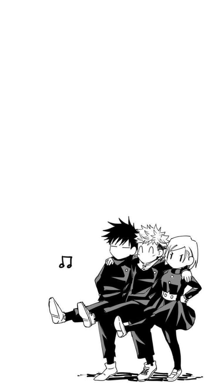 This image features three chibi-style characters from Jujutsu Kaisen: Megumi Fushiguro, Yuji Itadori, and Nobara Kugisaki. They are depicted in a playful, stylized manner, wearing their signature dark high-collared school uniforms which provide full coverage. The trio is posed in a line with their arms around each other's shoulders, with the central character kicking his legs out in a joyful, rhythmic motion. The background is a stark, minimalist white, emphasizing the characters and a small musical note icon that suggests a lighthearted or musical moment. The art style uses clean black ink lines and solid black fills, characteristic of manga omake or transitional panels. The overall atmosphere is wholesome, peaceful, and celebrates the friendship between the main protagonists.