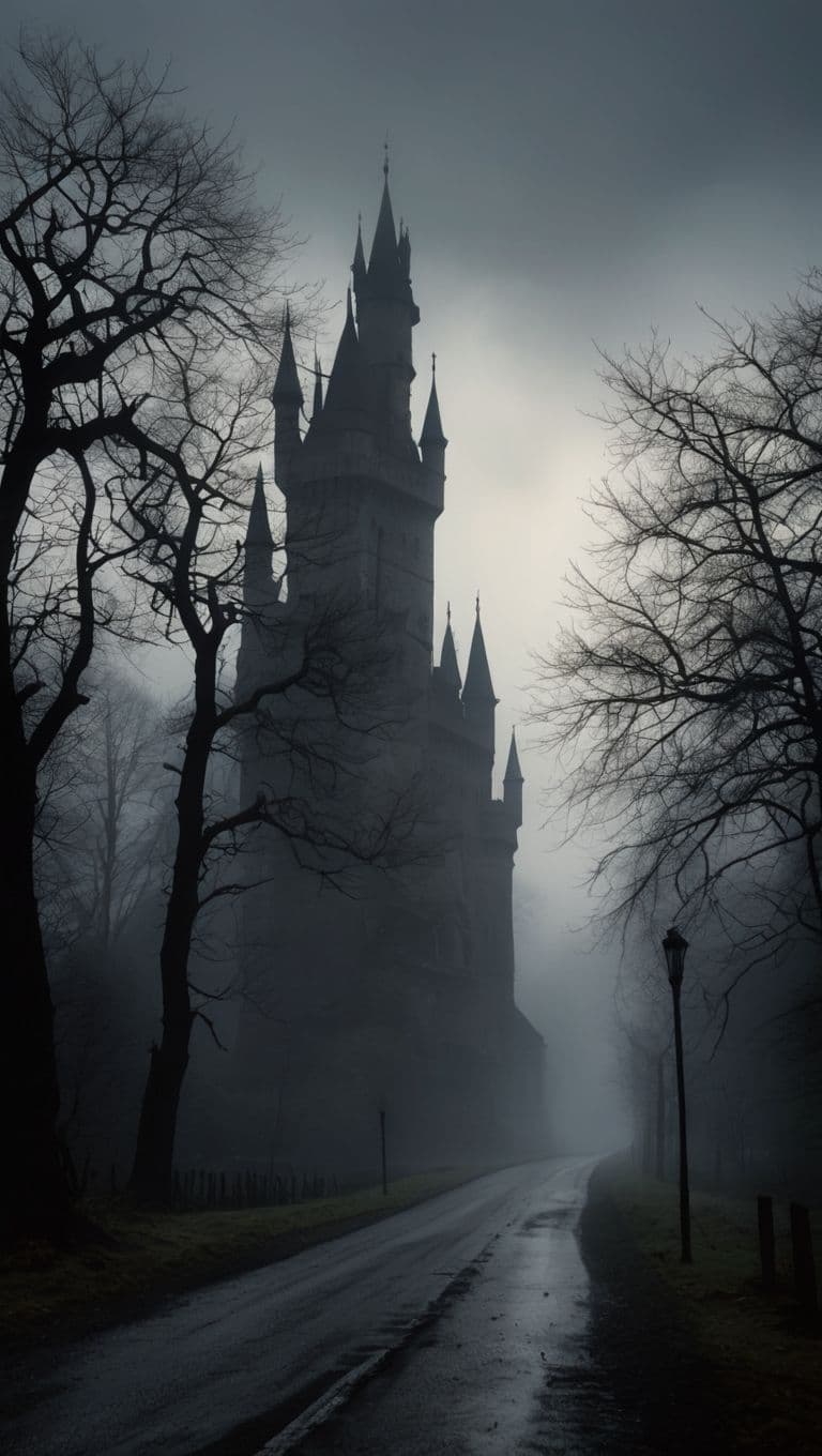 The image depicts a towering, gothic-style castle with multiple spires and turrets, partially obscured by dense fog and bare, gnarled trees lining a wet, winding road. The castle's architecture is imposing and mysterious, rendered in dark, muted tones that contrast with the pale, diffused light of an overcast sky. The scene is set in a desolate, atmospheric landscape, evoking a sense of solitude and ancient history. The photographic realism and high contrast between shadow and mist create a moody, cinematic quality. The overall tone is somber and enigmatic, suggesting a forgotten or haunted place, with the fog enhancing the sense of isolation and mystery.
