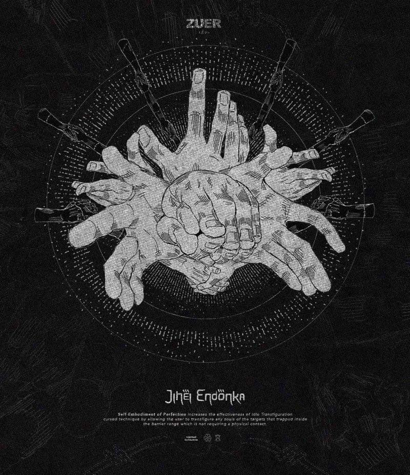 This graphic illustration features a complex cluster of multiple human hands emerging from a central point, arranged in a circular, radial formation. The hands are depicted in various states of grasping and reaching, with a primary pair of hands clasped together in the center. The background is a deep black, textured with fine white stippling and geometric circular lines that resemble a diagram or a mystical seal. The artistic style utilizes heavy cross-hatching, halftone patterns, and stippling to create a gritty, manga-inspired aesthetic. Below the central imagery, stylized typography reads 'Jihei Endonka' followed by a descriptive text block regarding 'Self-Embodiment of Perfection.' The overall atmosphere is mysterious, supernatural, and intense, reflecting a dark fantasy or occult theme.