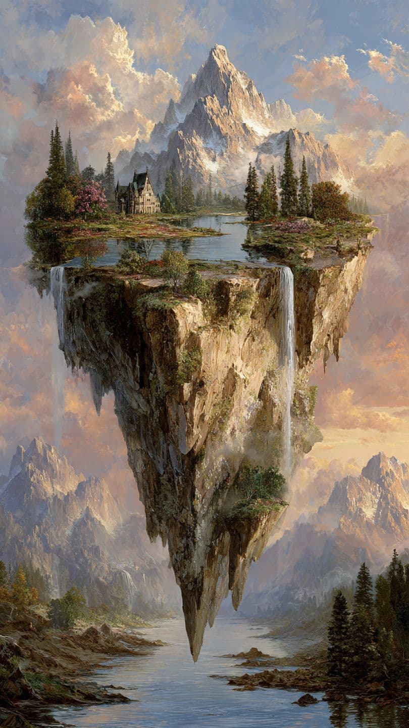 This image depicts a surreal, floating island suspended in mid-air, featuring a quaint stone cottage nestled among pine trees and blooming flowers. The island is surrounded by a serene body of water with cascading waterfalls, and a majestic mountain range looms in the background under a soft, cloudy sky. The artwork employs realistic brushwork and atmospheric perspective, creating a sense of depth and wonder. The overall mood is tranquil and dreamlike, evoking a sense of peaceful isolation and natural beauty. The color palette is dominated by earthy browns, soft blues, and warm golden tones, harmonizing beautifully with the landscape's scale and composition.