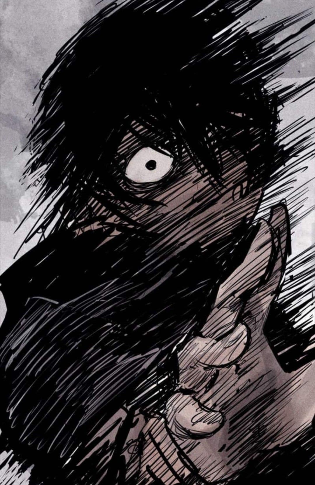 The image portrays a close-up of a character with dark, messy hair and wide, expressive eyes conveying shock or fear. The character's hand is raised to their face, partially obscuring their features, adding a sense of urgency or distress. The artwork employs a sketchy, high-contrast line style with heavy cross-hatching, emphasizing texture and emotion. The background is minimal and grayscale, directing all focus to the character's intense expression and dynamic pose. The overall mood is tense and dramatic, evoking a moment of psychological or emotional climax within a narrative context.