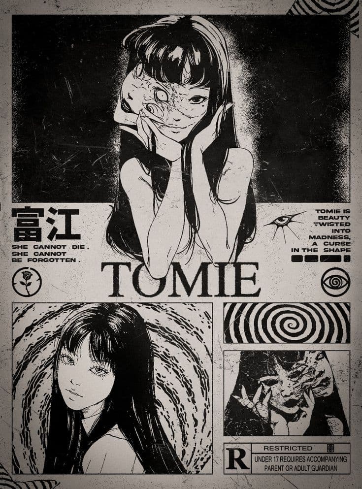 The image presents a composite poster-style artwork for the horror manga/anime 'Tomie', featuring a central character with long dark hair and a partially obscured, grotesque face, framed by her hands. Below, a smaller panel shows a serene, youthful version of the character, contrasting with the disturbing imagery above. The composition includes text elements and abstract patterns, including spirals and eyes, reinforcing the theme of transformation and madness. The art employs high-contrast black-and-white linework with distressed textures, evoking a vintage, gritty aesthetic. The overall mood is eerie and unsettling, with a strong psychological and supernatural undertone, conveyed through the juxtaposition of beauty and horror.