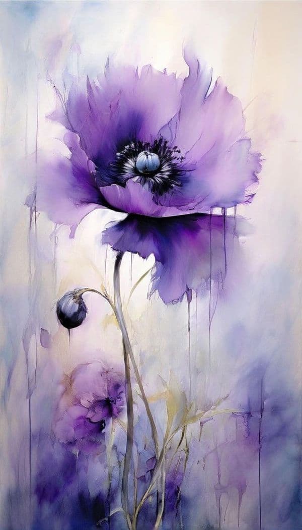 This artwork features a single, large purple poppy flower as the central subject, rendered with soft, flowing watercolor techniques that emphasize its delicate petals and intricate center. The flower is supported by slender, pale stems with a single unopened bud nearby, creating a sense of natural growth and life. The background is a dreamy wash of pale lavender and cream, with vertical drips of paint adding texture and movement, suggesting a fluid, ethereal atmosphere. The composition is vertical and centered, drawing the viewer’s eye to the bloom’s detailed center, while subtle shadows and gradients give depth without compromising the gentle, painterly aesthetic. The overall mood is tranquil and contemplative, evoking a sense of quiet beauty and natural elegance.