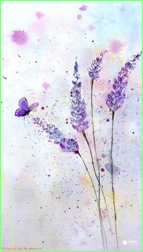 The image features a delicate watercolor composition of lavender sprigs with soft, flowing purple hues and fine black outlines, set against a dreamy, speckled background of pale lavender, pink, and yellow washes. A single purple butterfly with detailed wing patterns rests gently on one of the flower stems, adding a touch of whimsical grace. The artistic style employs expressive watercolor splatters and droplets, creating an ethereal, airy atmosphere. The overall mood is tranquil and serene, evoking a sense of calm nature and gentle beauty through soft gradients and organic forms. The composition is balanced with the floral elements rising diagonally from the bottom, drawing the eye upward toward the light-filled sky.