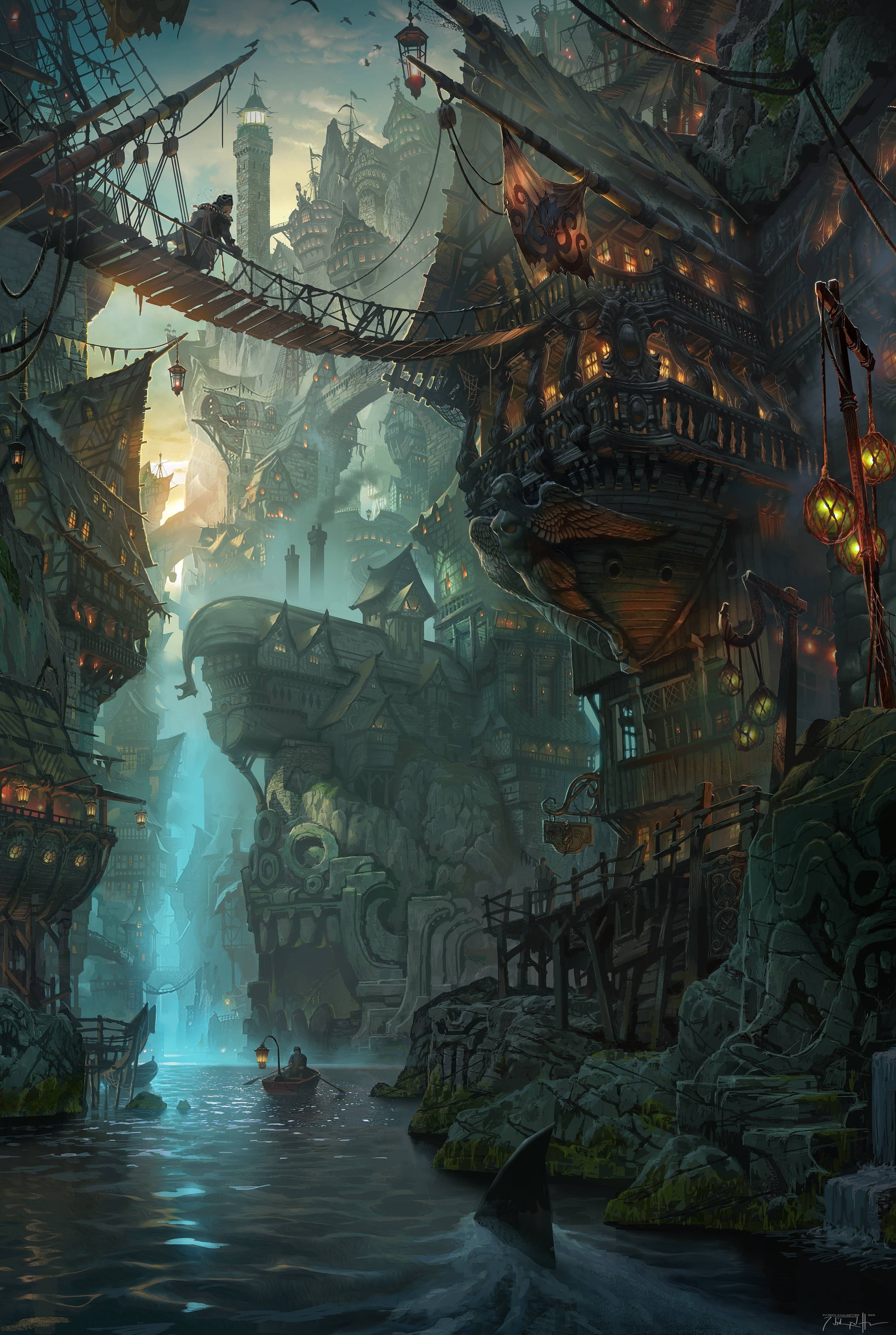 The image depicts a sprawling, fantastical cityscape built around massive, ancient ships and floating structures, suspended over a deep, misty river with a luminous waterfall cascading from a cliffside. The architecture blends maritime and gothic elements, with intricate wooden bridges, lantern-lit walkways, and towering spires, all rendered in a painterly, atmospheric style. A small boat with two figures navigates the river, adding scale and narrative to the scene, while the background reveals a colossal, fog-shrouded cityscape under a twilight sky. The composition uses dramatic lighting and depth to create a sense of mystery and grandeur, with cool blues and warm amber glows contrasting to enhance the moody, immersive atmosphere.