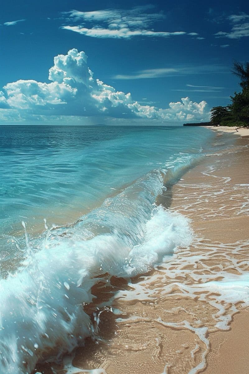 This image captures a serene coastal scene with a dynamic wave crashing onto a sunlit sandy beach, creating frothy white foam that spreads across the shore. The ocean transitions from deep turquoise to lighter shades near the shore, with gentle ripples and a clear horizon line. Above, a vibrant blue sky is adorned with fluffy, cumulus clouds, suggesting a bright, clear day. The composition emphasizes the natural beauty of the shoreline, with the wave’s motion contrasting with the stillness of the distant treeline and the calm sea. The lighting is natural daylight, enhancing the vividness of the colors and the textures of the water and sand, evoking a peaceful, tranquil mood.