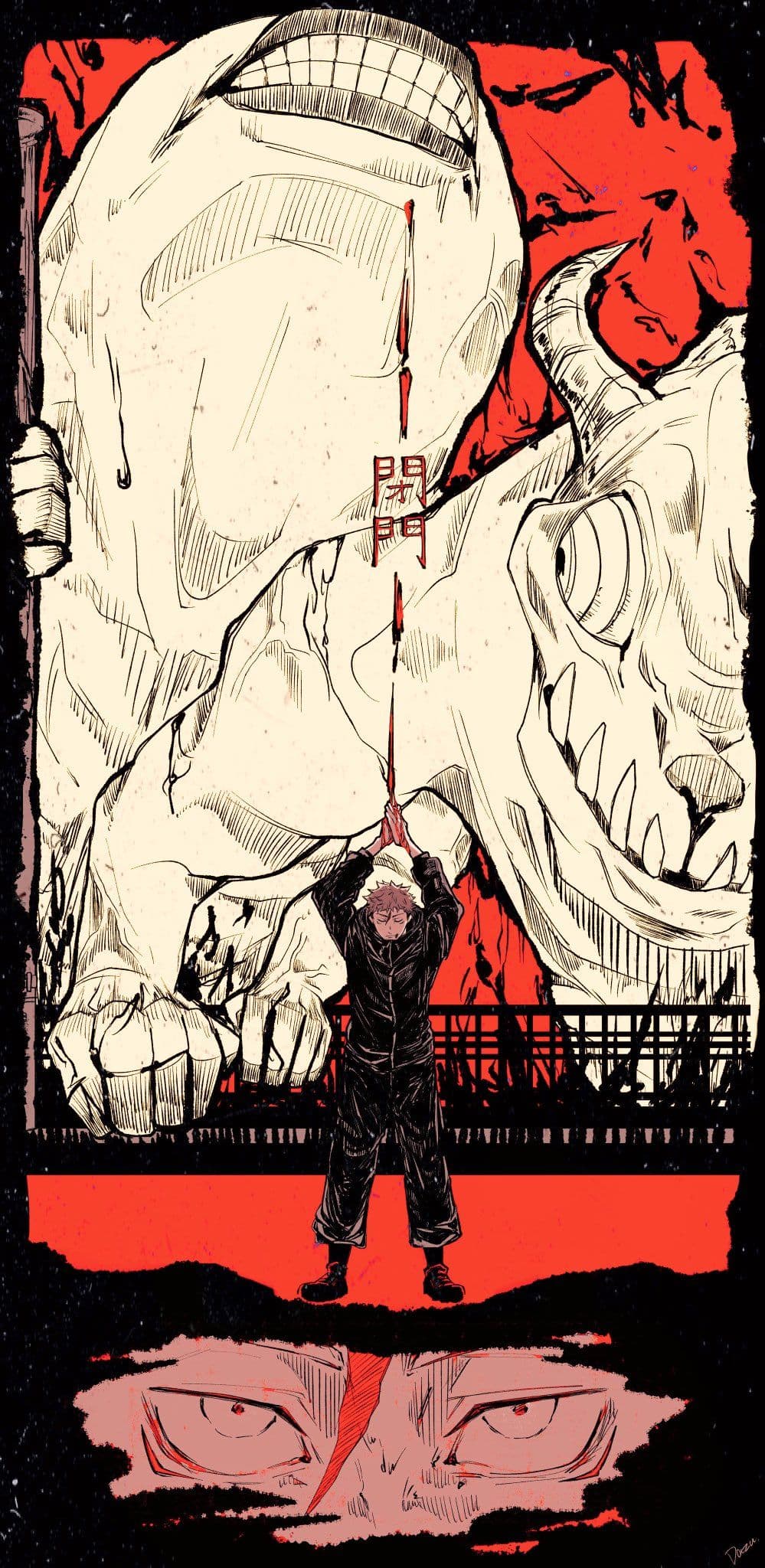 The image features the character Yuji Itadori from Jujutsu Kaisen standing centrally in a dark, high-collared sorcerer's uniform that provides full coverage. He is depicted in a focused pose with his hands joined in a specific ritualistic gesture, while a massive, monstrous entity with skeletal and demonic features looms behind him. The background is dominated by a striking crimson red and off-white color palette, featuring jagged, ink-like line work and kanji characters. At the bottom of the frame, a separate panel shows a close-up of intense, red eyes, suggesting a dual personality or a hidden power. The overall artistic technique utilizes a gritty, manga-inspired aesthetic with heavy contrast and rough textures to create a sense of supernatural tension. The atmosphere is dark, intense, and dramatic, reflecting a high-stakes battle or a moment of significant spiritual transformation.