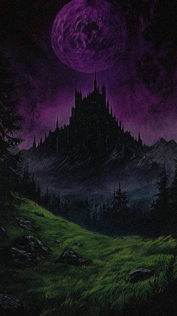 The image depicts a solitary, imposing castle perched atop a jagged mountain peak under a massive, swirling purple moon. The castle's silhouette is dark and intricate, with numerous spires piercing the gloomy sky. Below, a lush green hillside slopes gently toward the base of the mountain, dotted with rocks and dense evergreen trees. The scene is rendered in a painterly, atmospheric style with dramatic lighting, creating a mysterious and slightly ominous mood. The sky transitions from deep violet to near-black, suggesting twilight or a magical night. The overall composition evokes a sense of ancient, forgotten power and quiet solitude, enhanced by the contrast between the vibrant green earth and the ominous purple heavens.