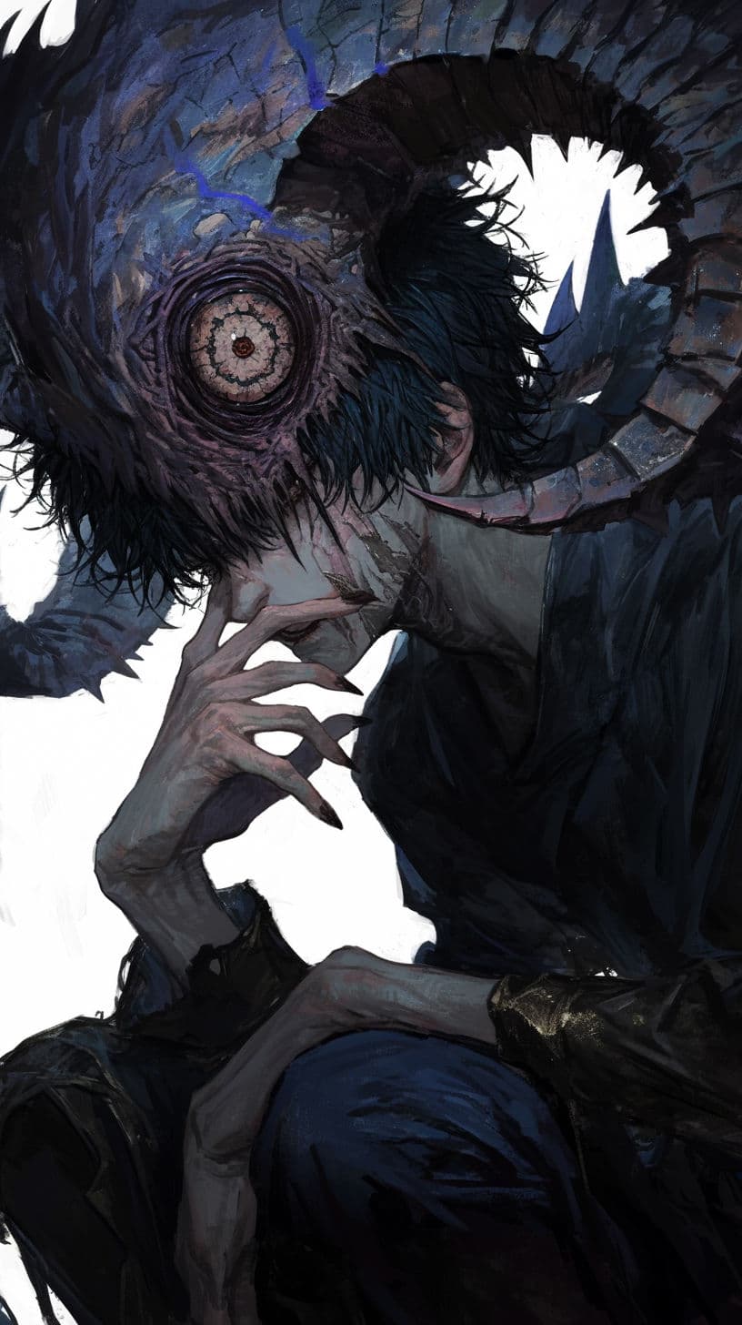 The image portrays a grotesque, monstrous humanoid figure with a single massive, spiraling eye embedded in its head, surrounded by dark, spiky, organic growths. The creature is seated, its hand raised to its face in a gesture of contemplation or horror, with long, clawed fingers. Its body is draped in heavy, tattered, dark fabric that obscures all visible skin, while its limbs and torso remain fully covered. The background is stark white, emphasizing the creature's dark, textured form and creating a high-contrast, dramatic visual. The art employs detailed brushwork and layered shading to convey a sense of depth and horror, with a focus on the unsettling, surreal nature of the being.