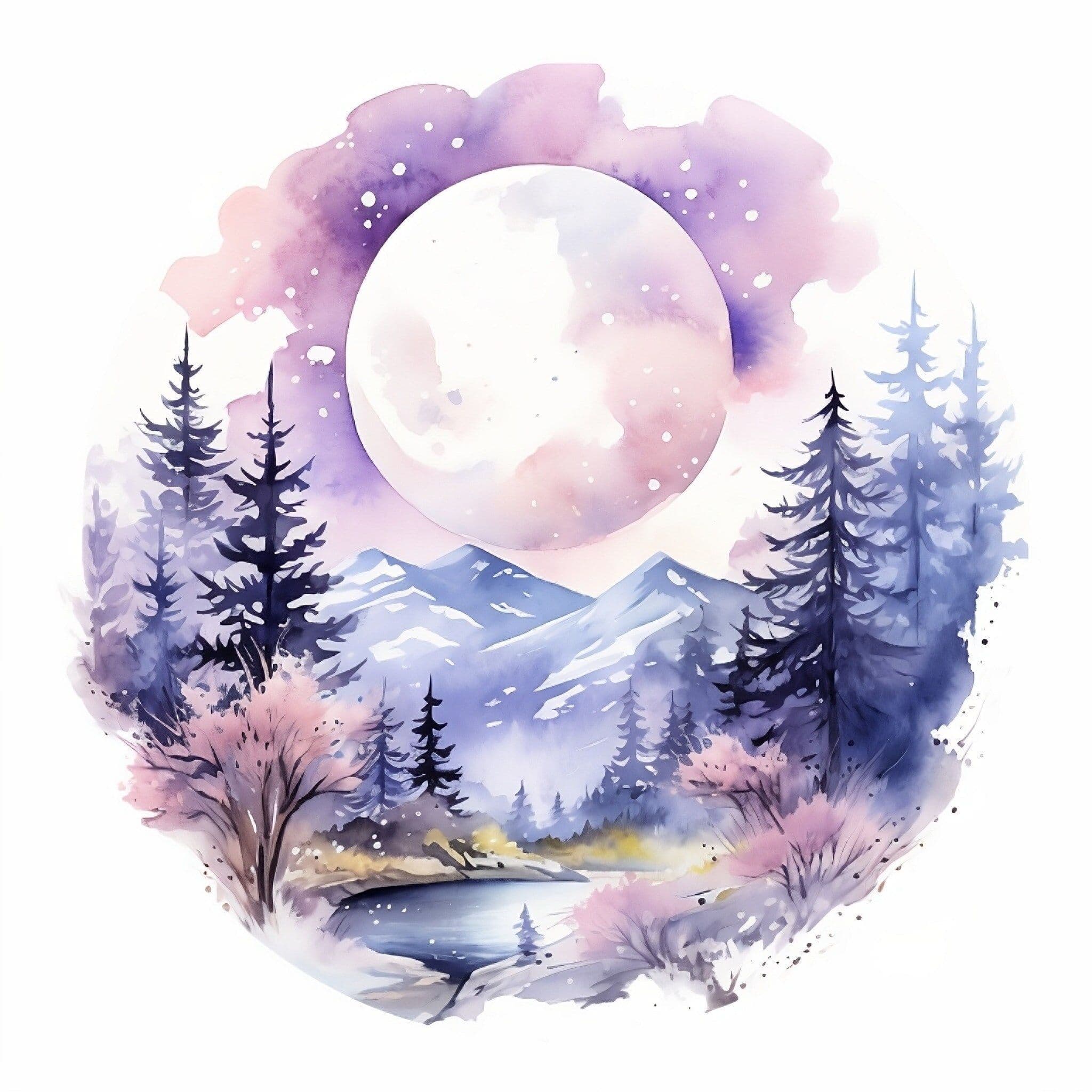 This serene landscape features a large, softly textured full moon dominating the upper center, framed by a circular halo of lavender and pink watercolor clouds. Below, a tranquil mountain range with snow-capped peaks stretches across the horizon, flanked by tall, dark pine trees rendered in deep blues and purples. In the foreground, a calm lake reflects the moonlight, bordered by delicate pink flowering bushes and bare-branched trees. The entire composition is enclosed within a circular frame, emphasizing its nature as a stylized, dreamlike scene. The artwork employs gentle watercolor washes and soft brushstrokes, creating a peaceful, ethereal atmosphere that evokes quiet contemplation and natural beauty.