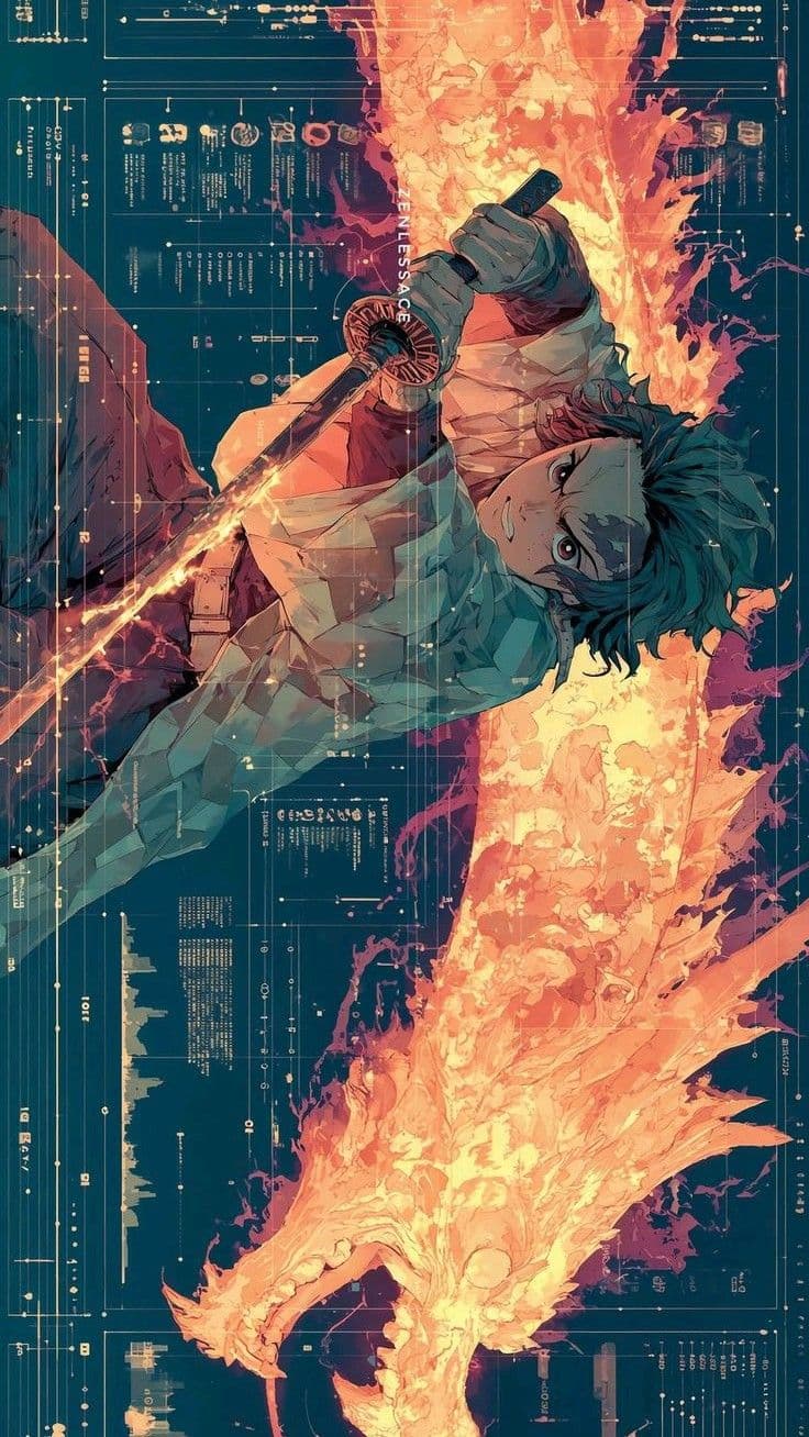 The image features a dynamic character in a mid-air combat pose, wielding a sword with fiery energy emanating from its blade. The character is clad in a detailed, layered garment with geometric patterns and a flowing, translucent fabric that suggests motion and power. Their expression is intense and focused, conveying determination during a high-stakes battle. The background is a complex digital interface with glowing data streams and circuit-like patterns, contrasting with the organic, fiery energy surrounding the character. The artwork employs a high-contrast color palette with sharp linework and cel-shaded shading, emphasizing the dramatic tension between the character and the digital environment. The overall atmosphere is epic and cinematic, evoking themes of technological warfare and personal resolve.