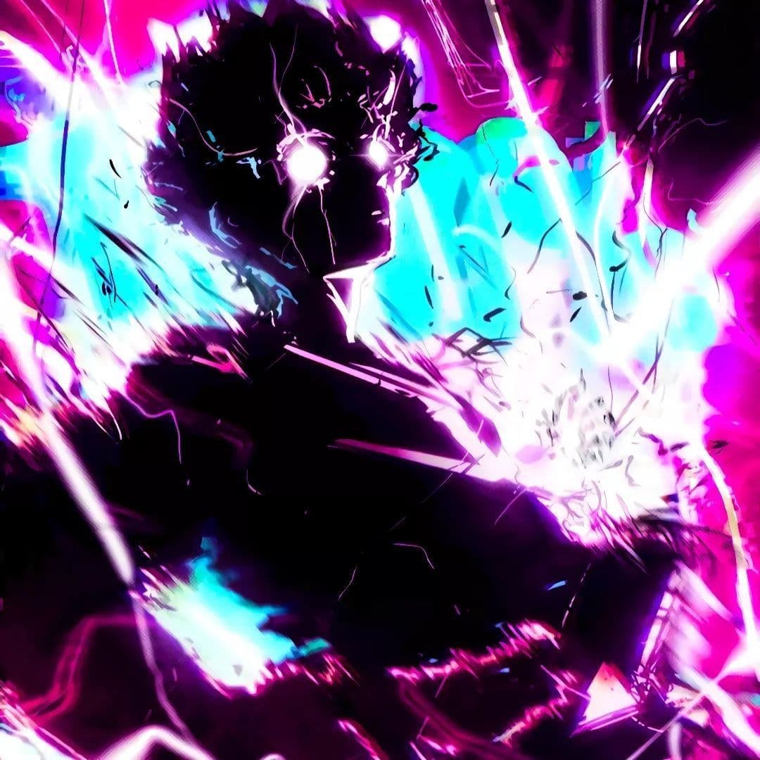 The image depicts a silhouetted anime character with voluminous, dark, spiky hair and glowing white eyes, set against a dynamic background of explosive, high-contrast energy bursts. The character is enveloped in radiant streaks of magenta, cyan, and white light, suggesting a powerful transformation or attack. The composition emphasizes the character's intense, focused expression and the chaotic energy surrounding them, conveying immense power and dramatic tension. The art style uses bold, sharp linework and cel-shaded shading to create a high-contrast, energetic visual impact. The overall mood is epic and electrifying, evoking a sense of awe and impending action through the interplay of darkness and luminous energy.
