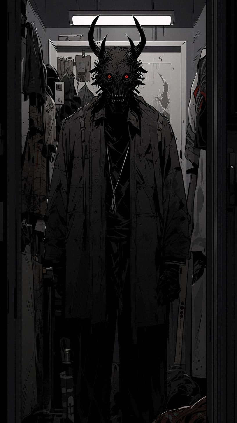 A menacing, horned demonic figure with glowing red eyes stands centered in a dimly lit, cluttered hallway, wearing a long, dark trench coat that obscures all body features. The character's face is entirely covered by a grotesque, textured mask with sharp horns and jagged edges, conveying a sense of dread. The environment is a narrow, industrial-style corridor with hanging garments, shelves, and a fluorescent light fixture overhead, suggesting a forgotten or abandoned space. The artwork employs high-contrast, shadow-heavy linework with cel-shaded shading, emphasizing the character's imposing presence. The overall atmosphere is tense and ominous, with a muted color palette that enhances the eerie, supernatural mood. The composition is symmetrical, with the character as the sole focal point, creating a powerful, cinematic stillness.