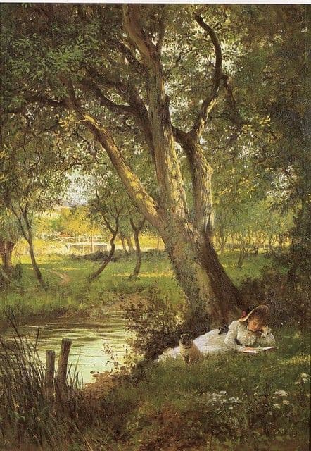 The image portrays a serene pastoral scene featuring a young woman in a flowing, light-colored dress seated on the grass beside a tranquil stream, reading a book. Her posture is relaxed and contemplative, with her head resting on her hand, while a small dog sits attentively beside her. The setting is a lush, sun-dappled woodland with a large, gnarled tree providing shade, and a distant bridge visible through the foliage. The painting employs soft, naturalistic brushwork and dappled lighting to evoke a peaceful, idyllic atmosphere. The composition balances the figure with the expansive landscape, creating a harmonious and tranquil mood suitable for all audiences.