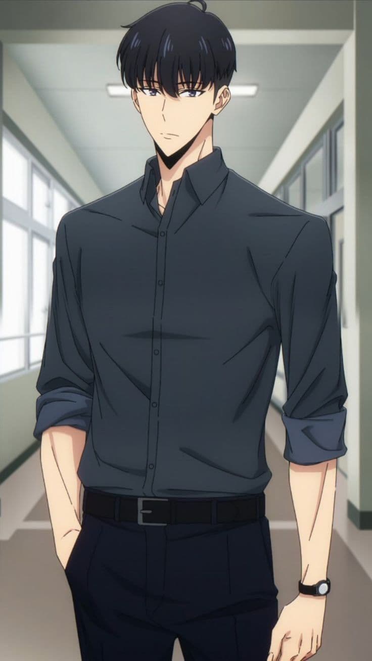 The image features a tall young man with short, dark navy hair and sharp, calm eyes. He is dressed in a professional yet casual manner, wearing a dark charcoal button-down shirt with the sleeves neatly rolled up to his forearms, paired with dark navy trousers and a black belt. He stands in a relaxed, upright pose with one hand partially tucked into his pocket, projecting an aura of quiet confidence. The setting is a brightly lit, modern school or office hallway with large windows on the left and a clean, minimalist architectural design. The art style utilizes crisp line work and smooth cel-shading, characteristic of high-quality modern digital anime production. The overall atmosphere is peaceful and orderly, conveying a sense of daily life and professional composure.