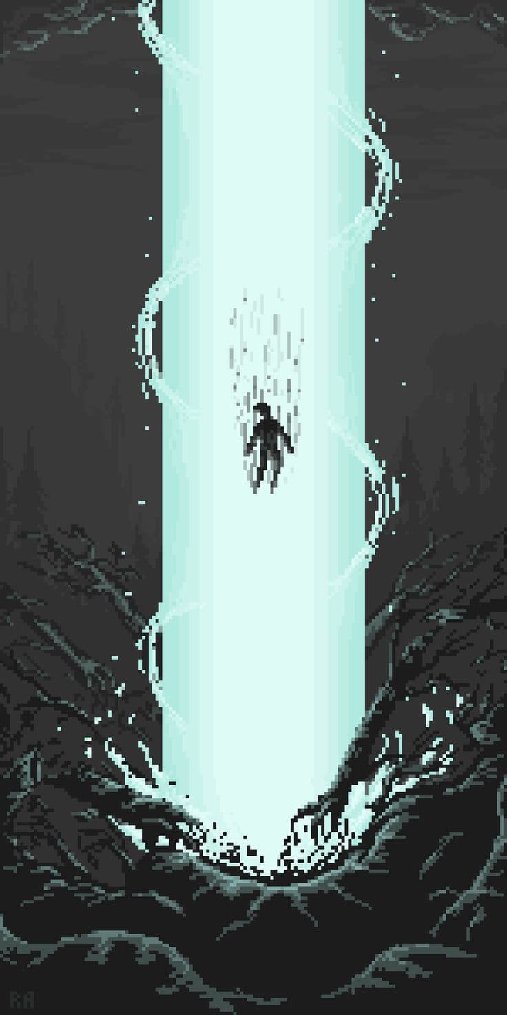 The image depicts a solitary, silhouetted figure falling vertically through a luminous, vertical beam of light that pierces a dark, forested landscape. The figure is rendered in solid black, with no discernible clothing or body details, emphasizing anonymity and mystery. Surrounding the beam are swirling, pixelated energy lines and scattered glowing particles, suggesting a powerful, otherworldly phenomenon. The background consists of dense, shadowy trees and rugged terrain, creating a stark contrast with the bright, ethereal column. The overall composition evokes a sense of awe, isolation, and transcendence, as if the figure is being drawn into a cosmic or spiritual portal. The pixel art style adds a retro, digital aesthetic to the scene, enhancing its surreal and contemplative mood.