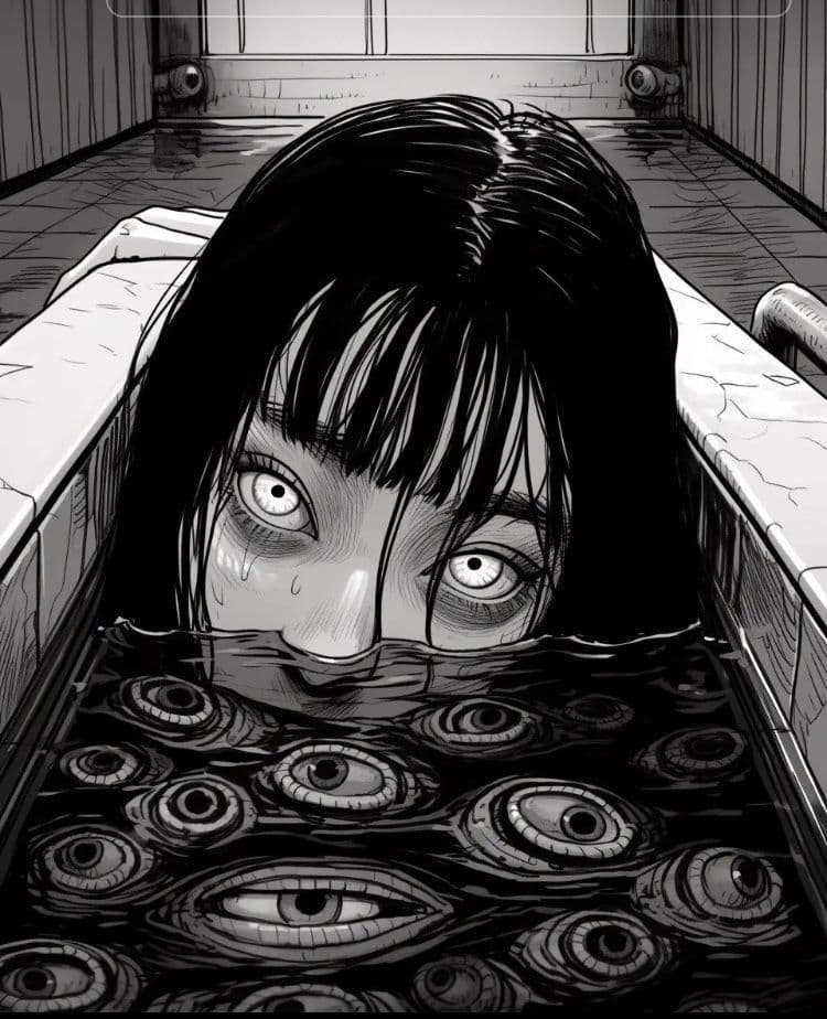 A young female character with long, dark hair and wide, terrified eyes peers out from a bathtub filled with numerous eyeballs, her face partially submerged in the water. Her expression conveys shock and fear, with visible tears streaming down her cheeks. The setting is a dimly lit, tiled bathroom with visible pipes and a wooden door in the background, suggesting a confined, eerie space. The artwork employs meticulous black-and-white linework with detailed shading to create depth and texture, emphasizing the unsettling nature of the scene. The overall atmosphere is suspenseful and psychologically disturbing, evoking a sense of dread through the juxtaposition of the character's vulnerability and the grotesque, repetitive eyes surrounding her.