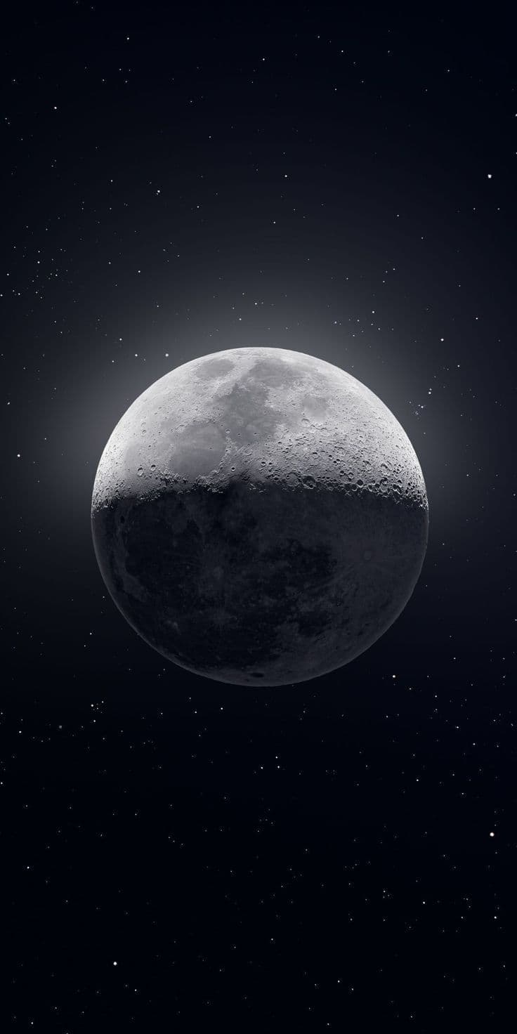 The image presents a highly detailed, realistic depiction of the Moon suspended against a star-filled night sky, rendered with photorealistic texture and lighting. The lunar surface displays intricate craters, maria, and high-contrast topography, illuminated by a soft, diffused light source from the upper left. The background is a deep, uniform black, punctuated by numerous small, evenly distributed stars that create a sense of cosmic depth. The composition is centered, emphasizing the Moon as the sole focal point, with no foreground or background elements to distract from its majesty. The overall aesthetic is serene and awe-inspiring, evoking a sense of quiet wonder and the vastness of space.