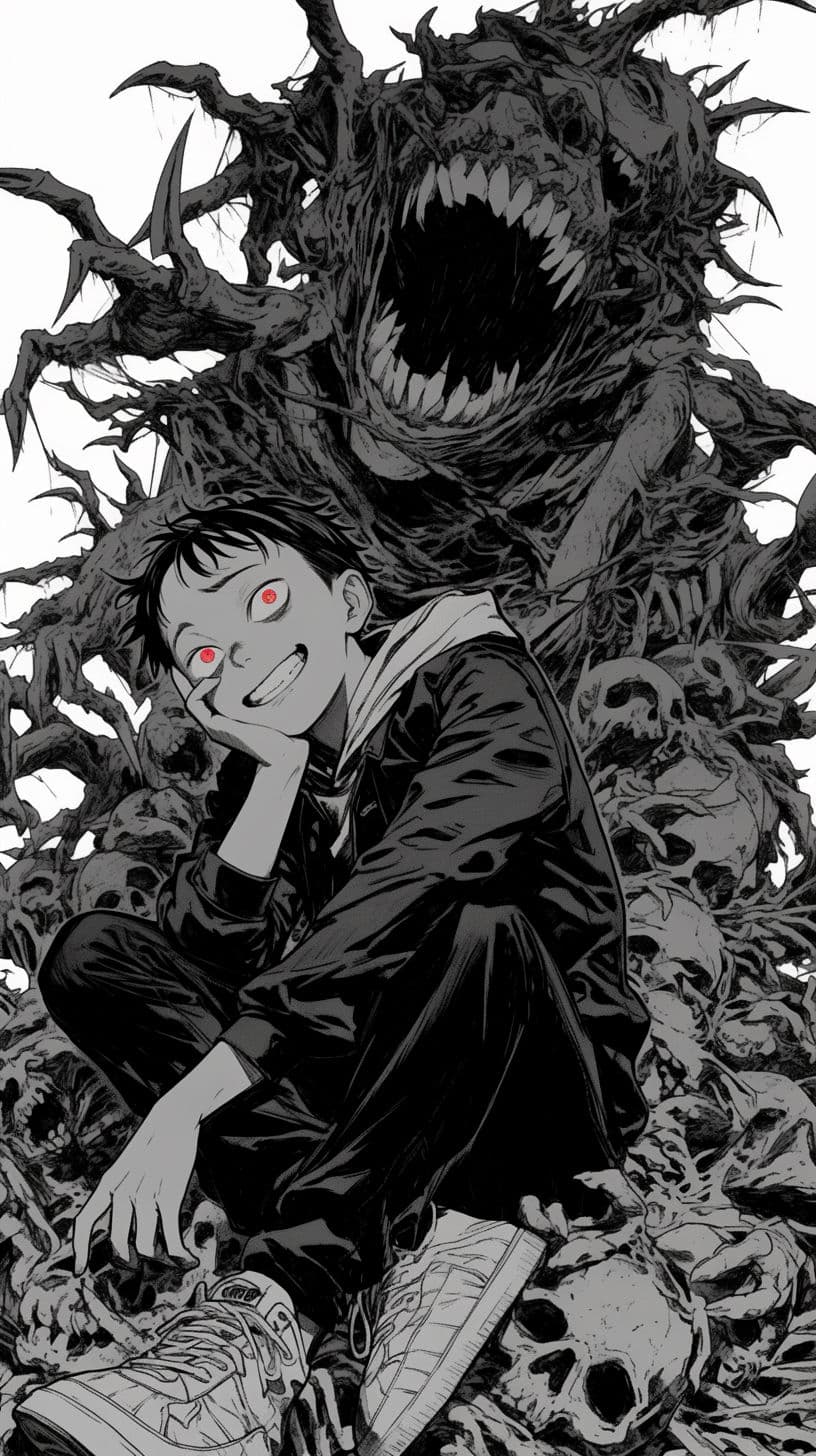 The image depicts a young male character in a dynamic, seated pose, resting his chin on his hand with a wide, unsettling grin, set against a backdrop of a monstrous, tree-like entity with an open maw filled with jagged teeth. The character is dressed in a dark, long-sleeved jacket and pants, with sneakers, fully covering his body and limbs. Behind him, the creature is composed of gnarled roots and skulls, creating a macabre, horror-themed environment. The artwork employs high-contrast black-and-white linework with detailed shading, emphasizing texture and depth. The overall tone is eerie and suspenseful, contrasting the character's calm demeanor with the chaotic, monstrous surroundings, suggesting a psychological or supernatural confrontation.