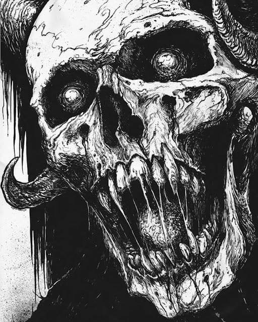 The image features a highly detailed, grotesque skull with exaggerated, dripping features and prominent, curved horns protruding from its temples. The skull's eye sockets are large and hollow, containing swirling, pupil-like centers, while its mouth is agape, revealing a row of jagged, dripping teeth. The artwork employs aggressive ink washes and cross-hatching to create a visceral, textured surface, with drips of ink suggesting decay or fluidity. The composition is a close-up, emphasizing the skull's terrifying expression and anatomical grotesquerie. The overall tone is dark, unsettling, and macabre, evoking themes of death, decay, and horror through meticulous linework and dramatic contrast.