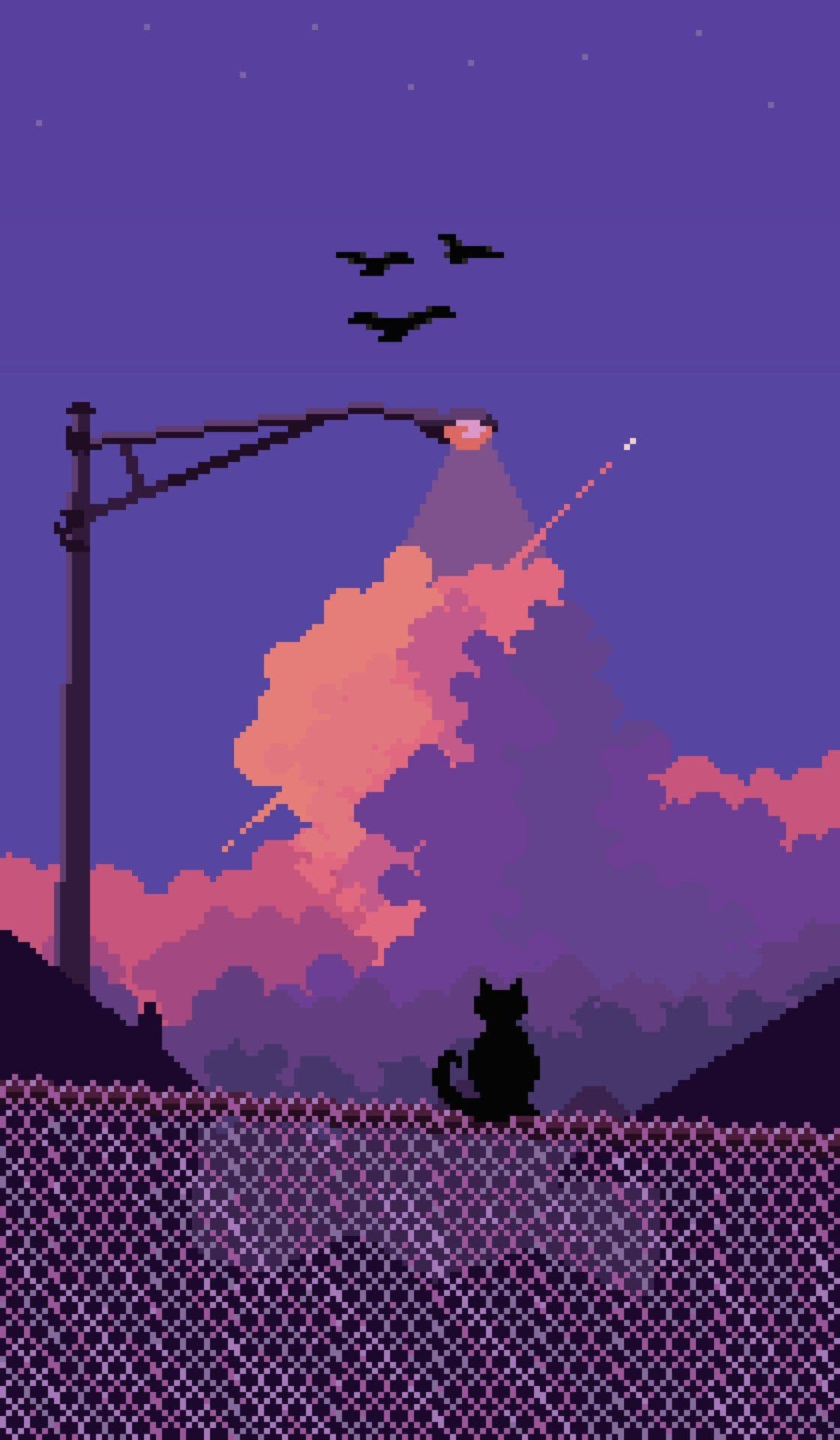 The image depicts a solitary black cat seated in silhouette atop a textured, patterned fence, gazing toward a dramatic, pixelated mountain peak illuminated by a streetlamp. Above, three silhouetted birds fly across a deep purple twilight sky, with scattered stars adding to the serene atmosphere. The mountain is rendered with vibrant gradients of pink and orange, contrasting with the cool purple surroundings, suggesting a sunset or dusk. The artwork employs a distinct pixel art style with clean, blocky shading and sharp, defined lines, creating a nostalgic, digital aesthetic. The overall mood is contemplative and peaceful, evoking quiet solitude and the beauty of nature at twilight.
