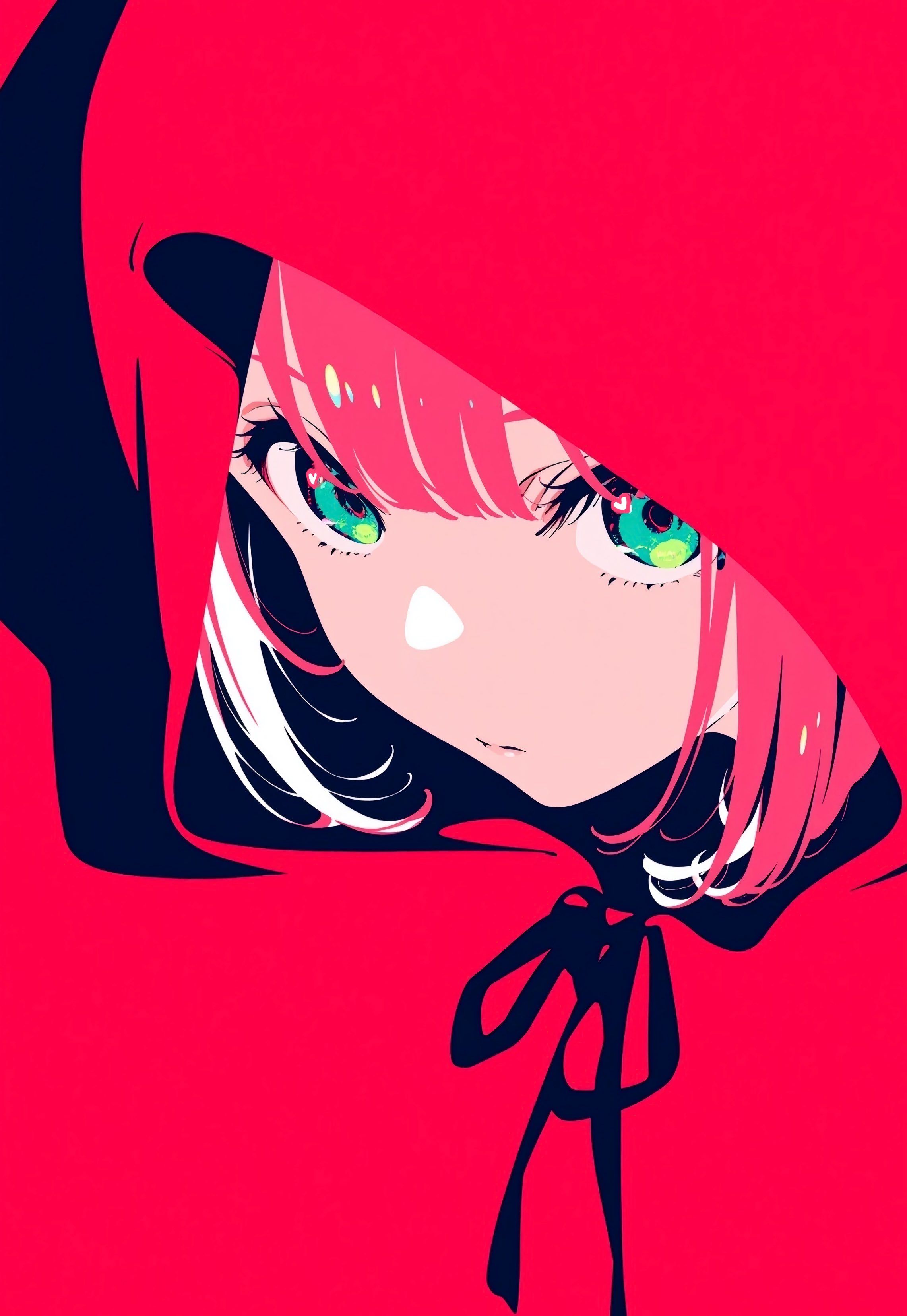 The image features a stylized anime character with vibrant pink hair and striking green eyes, wearing a red hooded cloak with black trim and a tied bow at the front. The character's face is partially obscured by the hood, with only the eyes, nose, and mouth visible, conveying an intense, focused expression. The composition is a close-up portrait against a solid red background, emphasizing the character's facial features and vivid color palette. The art employs clean, sharp lines and cel-shaded shading, creating a bold, graphic aesthetic. The overall mood is mysterious and dramatic, enhanced by the high-contrast color scheme and the character's direct gaze, suggesting a moment of suspense or confrontation.