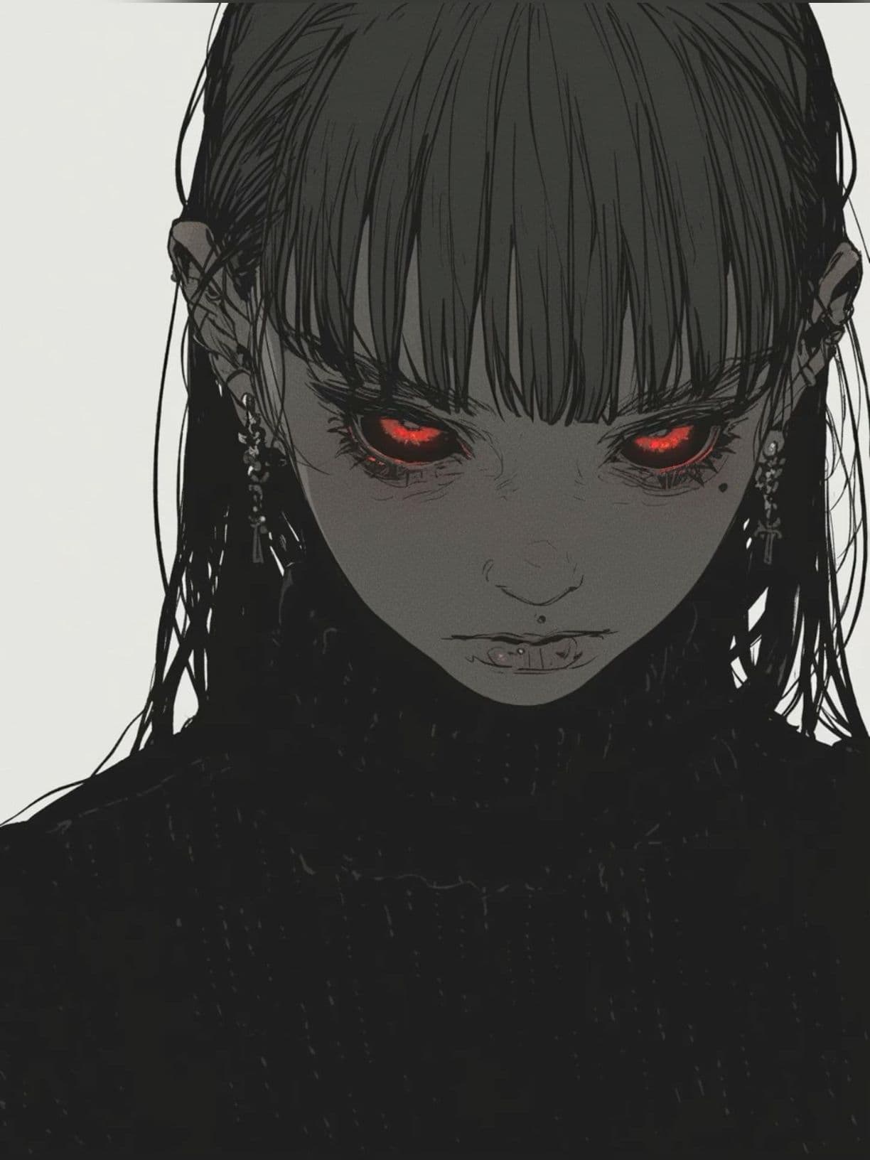 The image features a close-up portrait of a young female character with long, dark, wet-looking hair and striking red eyes that glow intensely. She wears a high-necked, dark textured garment that fully covers her torso and arms, with visible ear piercings and dangling earrings. Her expression is neutral yet unsettling, with a subtle frown and slightly parted lips, conveying a sense of mystery or menace. The artwork employs meticulous line work and grayscale shading with selective red highlights, creating a stark, moody contrast. The composition is centered, with the character's face dominating the frame, set against a plain, light background that emphasizes her features and the eerie glow of her eyes.