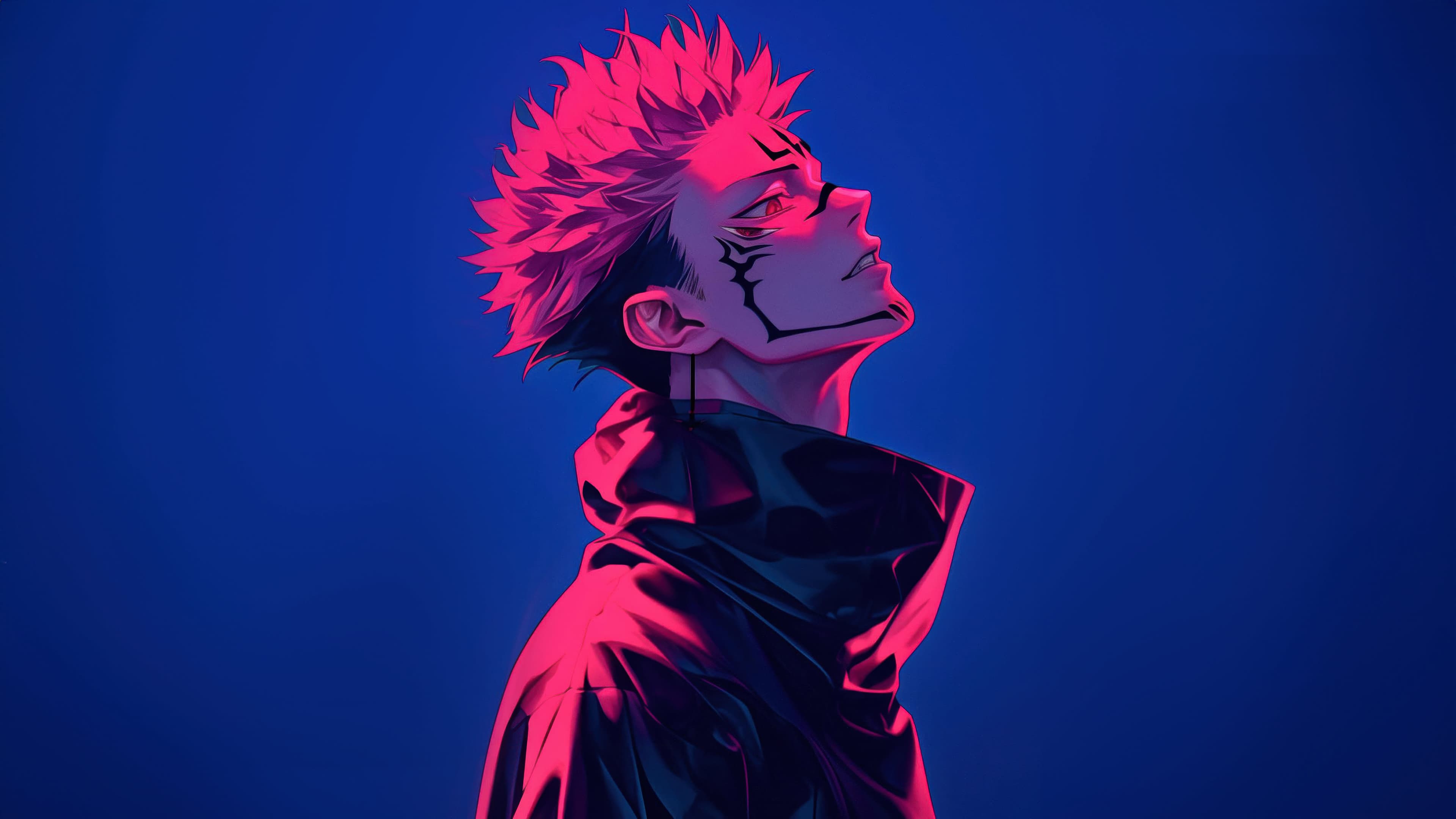 The image features a male character with spiky pink hair and distinctive black facial markings, wearing a high-collared dark jacket that fully covers his torso and neck. He is depicted in a side profile, tilting his head upward toward an unseen light source with a calm yet intense expression. The setting is a minimalist, deep blue void that emphasizes the character's silhouette and the dramatic lighting effects. The artistic technique utilizes a striking dual-tone lighting scheme, where vibrant magenta highlights contrast sharply against deep blue shadows. This creates a high-contrast, modern digital aesthetic that feels both powerful and ethereal. The overall atmosphere is one of quiet intensity and supernatural mystery, typical of high-quality character concept art.