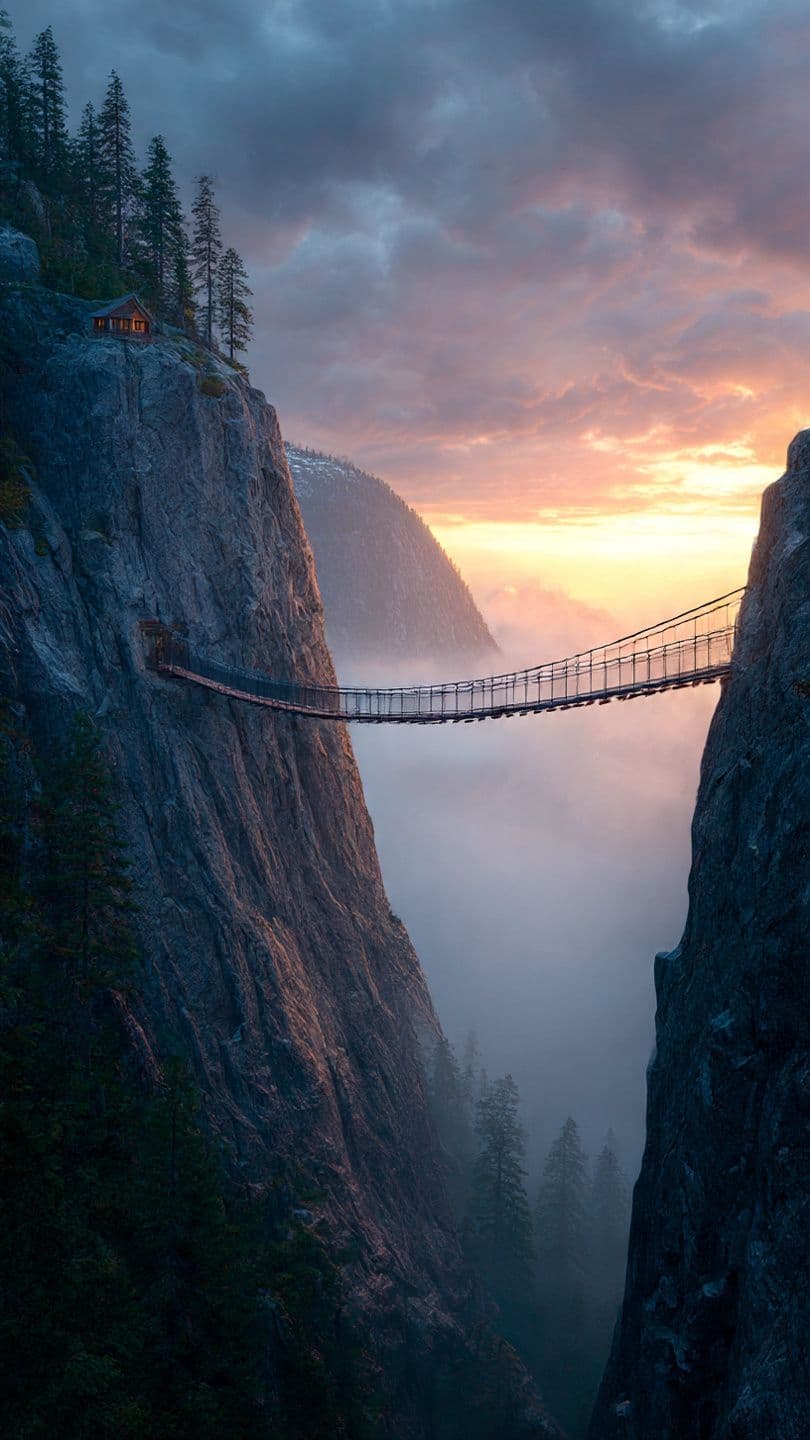This image captures a breathtaking suspension bridge spanning a deep, mist-filled canyon between two towering, forested cliffs. The bridge, with its slender metal structure and wooden deck, connects a small, warmly lit cabin perched precariously on the left cliffside to the right cliff. The scene is bathed in the soft, golden glow of a setting sun, with dramatic clouds streaked in orange, pink, and purple above the horizon. The valley below is shrouded in thick fog, creating a sense of depth and mystery. The composition emphasizes the bridge as a delicate line across the vast natural landscape, evoking feelings of adventure and awe. The photographic realism and attention to atmospheric lighting create a serene, almost sacred atmosphere, enhanced by the contrast between the warm sunset and the cool, shadowed rock faces.