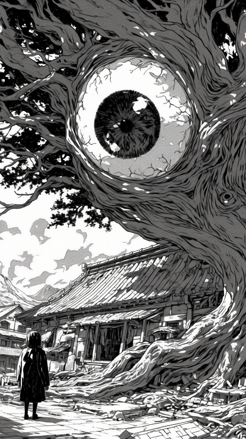 The image depicts a solitary figure, viewed from behind, standing on a cracked stone path before a massive, ancient tree whose trunk is intricately detailed with gnarled bark and a colossal, surreal eye embedded in its core. The tree's roots sprawl across the ground, partially obscuring the ruins of a traditional Japanese-style temple with tiled roofing. Above, a cloudy sky suggests an overcast day, enhancing the scene's mysterious and slightly ominous atmosphere. The artwork employs high-contrast black-and-white linework with precise shading, emphasizing texture and depth through cel-shaded rendering techniques. The composition centers the viewer's attention on the juxtaposition between the small human figure and the towering, sentient tree, evoking themes of awe, isolation, and the sublime power of nature.