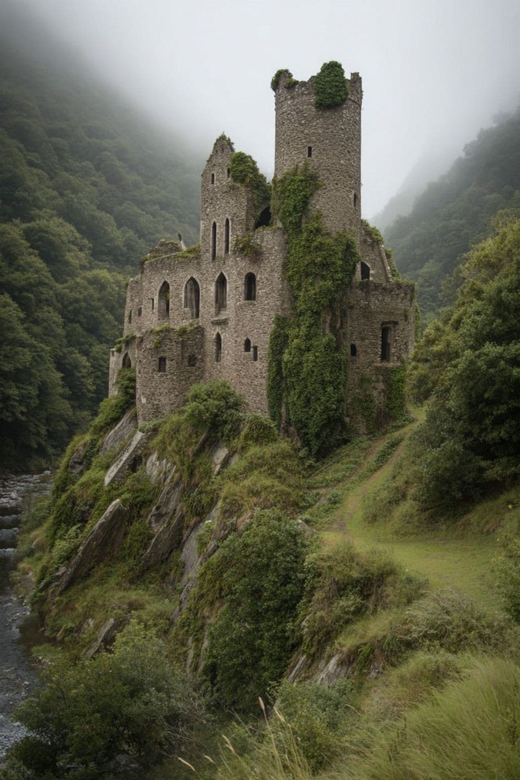 The image depicts a weathered stone castle ruin perched atop a verdant, moss-covered cliffside, partially enveloped by dense ivy and forest vegetation. The structure features multiple arched windows, a prominent tower, and crumbling walls, suggesting centuries of abandonment. Below, a narrow river flows through a misty valley, with fog rolling in from the mountains, creating a moody, atmospheric setting. The photograph employs natural daylight with soft, diffused lighting, emphasizing textures of stone, moss, and foliage. The composition is a medium shot that captures the scale of the ruin against the surrounding landscape, evoking a sense of solitude, history, and quiet melancholy. The overall tone is serene and contemplative, with a muted color palette enhancing the timeless, slightly eerie beauty of the scene.