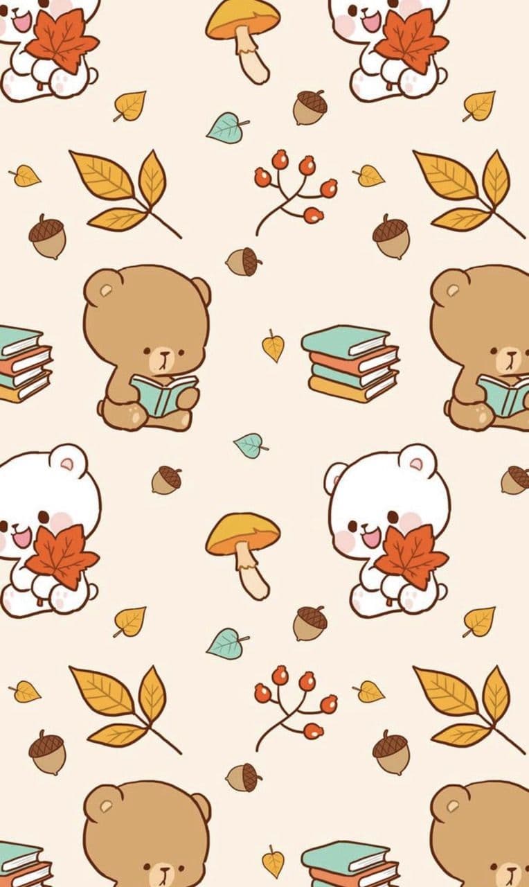 The image features a repeating pattern of cute, stylized bears in various poses against a soft beige background. Brown and white bears are depicted with simple, rounded features, wearing no clothing and fully covered, engaging in activities like reading books or holding autumn leaves. The composition is filled with seasonal elements including orange and yellow leaves, acorns, mushrooms, and berry clusters, creating a cozy, autumnal theme. The art style is characterized by clean, soft outlines and gentle shading, typical of kawaii-inspired digital illustrations. The overall atmosphere is warm, tranquil, and inviting, evoking feelings of comfort and childhood nostalgia through its gentle color palette and whimsical subjects.