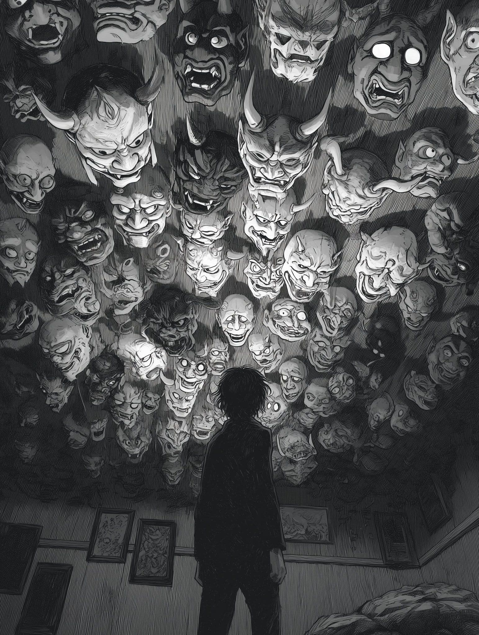 The image depicts a solitary figure standing in a dimly lit room, viewed from behind, gazing upward at a ceiling filled with grotesque, menacing demonic masks. The character is dressed in a simple, dark garment that fully covers their body, with no visible skin exposure. The masks, rendered in high detail with expressive, distorted faces and horns, create a sense of oppressive dread and psychological horror. The room's walls are lined with framed pictures, suggesting a haunted or cursed environment. The artwork employs meticulous cross-hatching and shading techniques to convey depth, texture, and emotional weight, enhancing the unsettling atmosphere. The overall mood is one of profound fear and isolation, amplified by the stark contrast between the small, vulnerable figure and the overwhelming, chaotic mass of supernatural entities above.