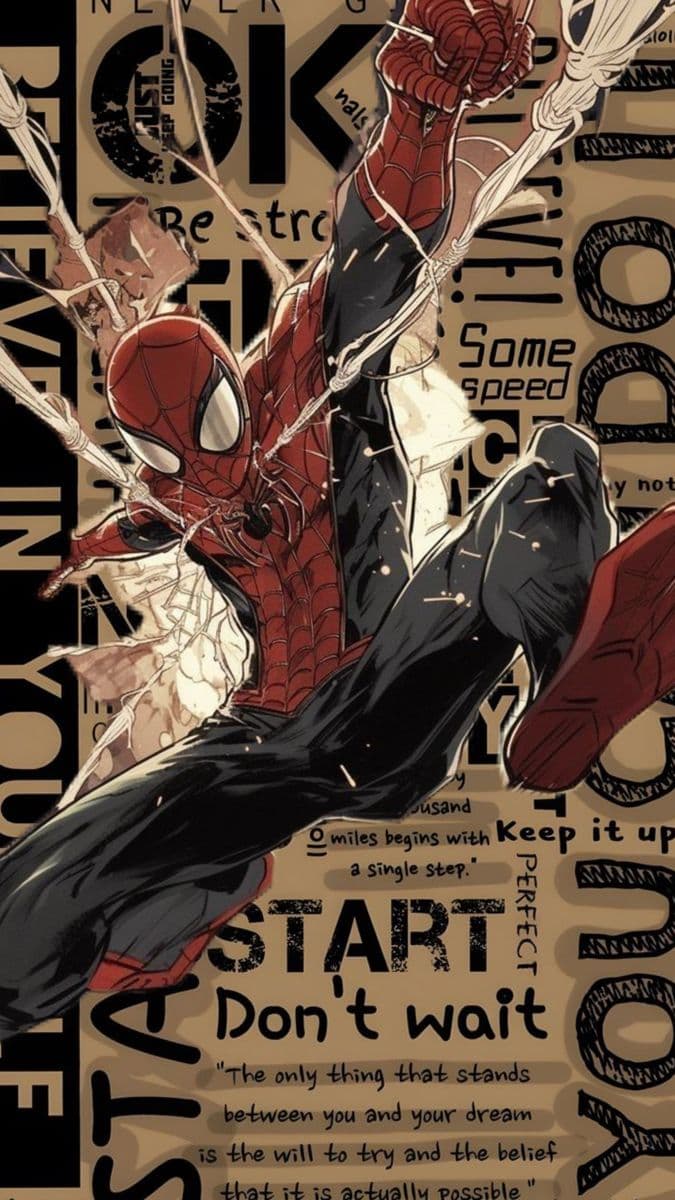 The image features Spider-Man in a dynamic, mid-air action pose, swinging forward with his web-shooters extended, as if breaking through a wall or barrier. He is clad in his iconic red and black suit, which fully covers his body with no exposed skin, cleavage, or midriff. The background is a collage of motivational text in bold, distressed typography, creating a high-contrast, energetic composition. The art employs a modern digital style with sharp linework and cel-shaded shading, emphasizing motion and texture. The overall mood is energetic and aspirational, conveying themes of determination and action, with a clear focus on the character’s heroic movement against a motivational backdrop.